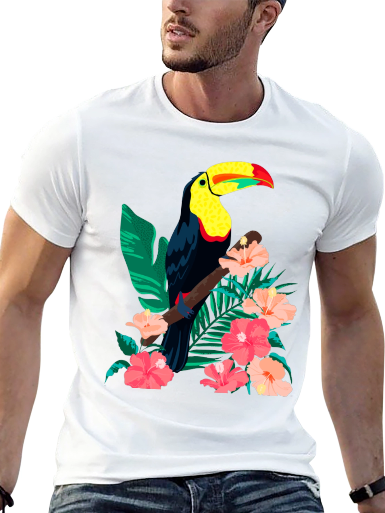 Toucan & Floral Print Black T-Shirt