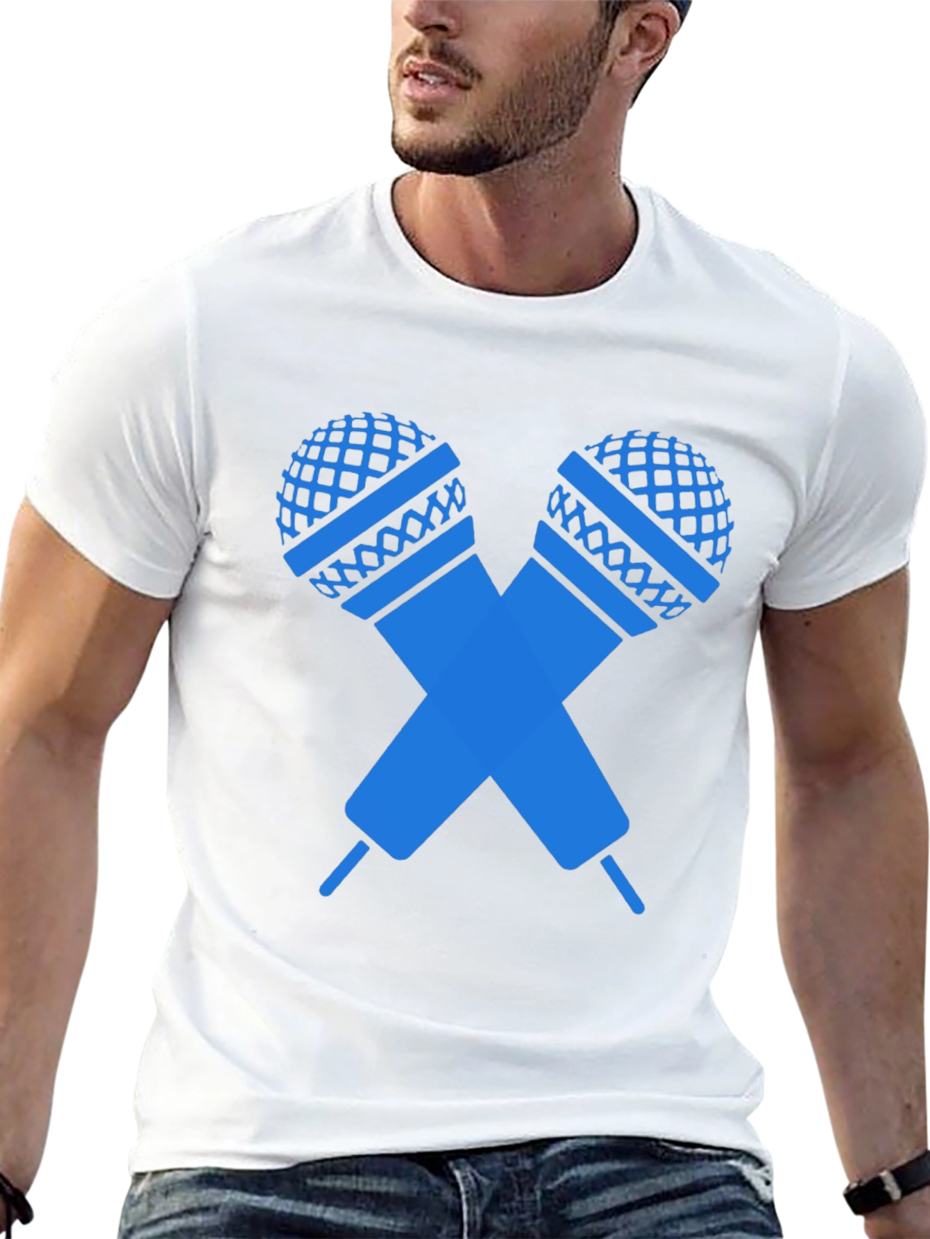 Black T-Shirt with Crossed Microphones Graphic