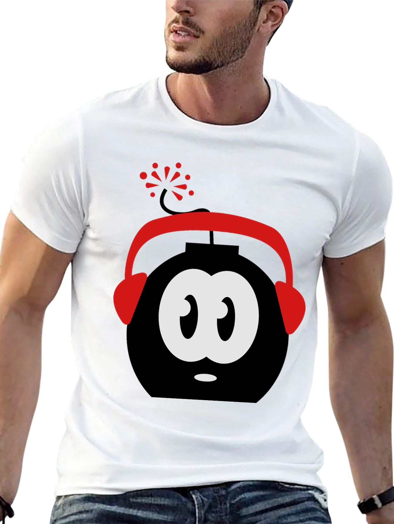 Funny Cartoon Bomb Headphones Black T-Shirt