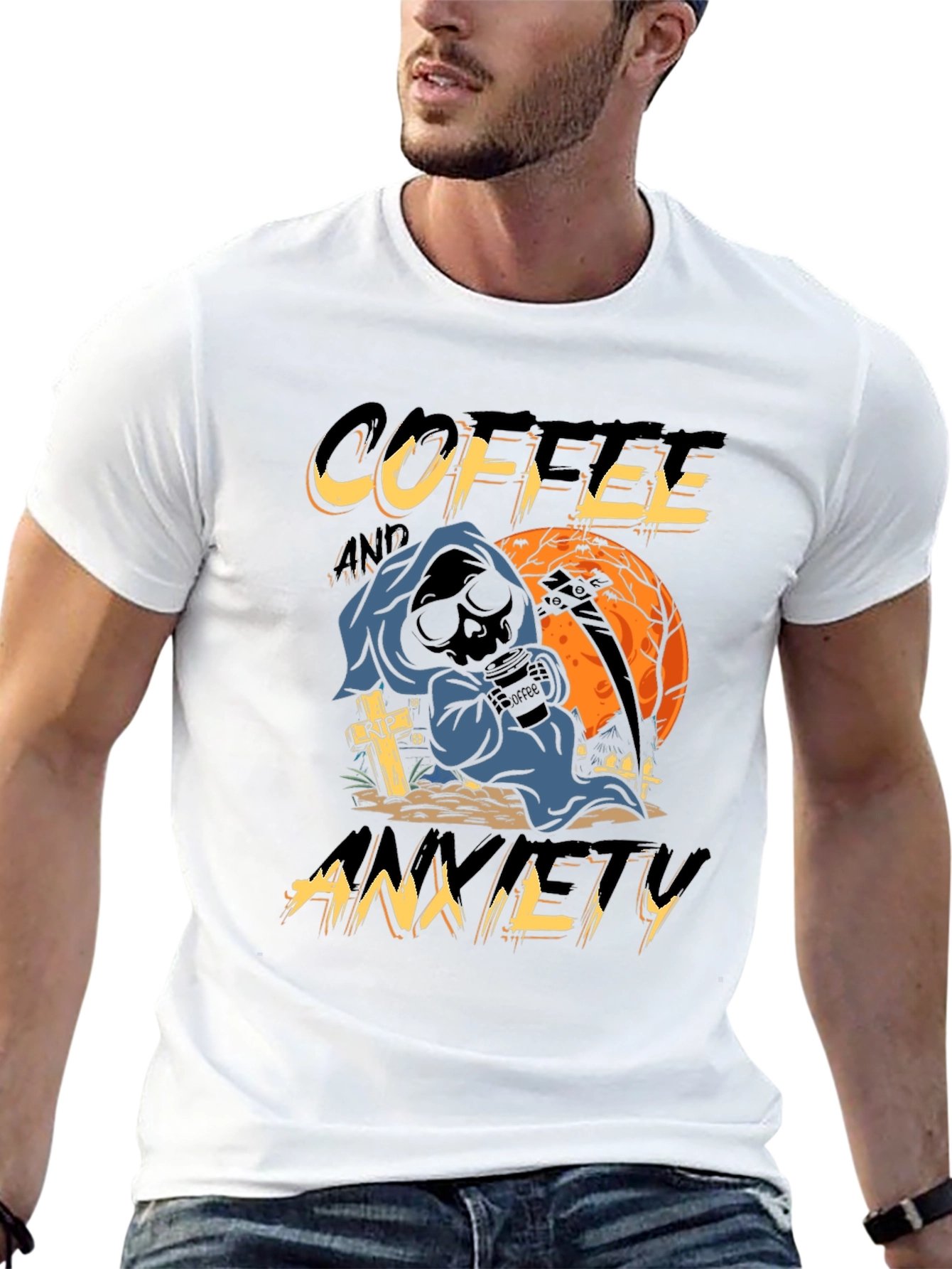 Coffee & Anxiety T-Shirt - Grim Reaper Halloween Design