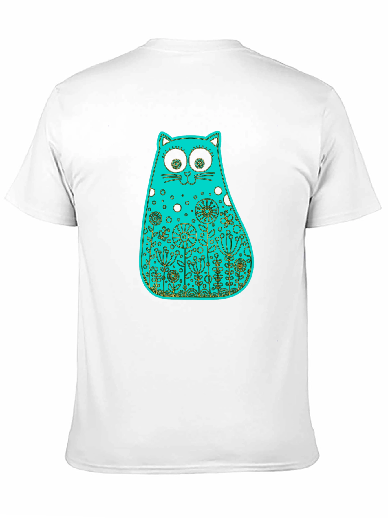 Whimsical Floral Cat Tee - Black Cotton T-Shirt