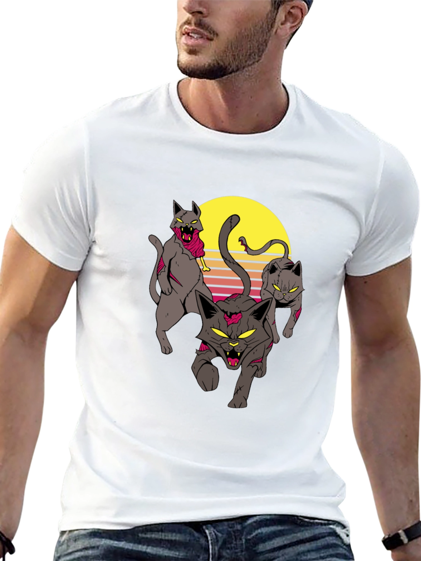 Zombie Cats Graphic Tee - Retro Sunset Style