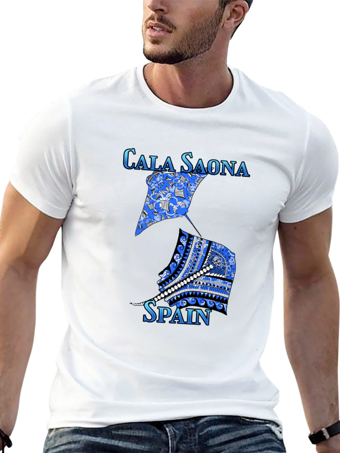 Cala Saona Spain T-Shirt: Unique Blue Graphic Tee