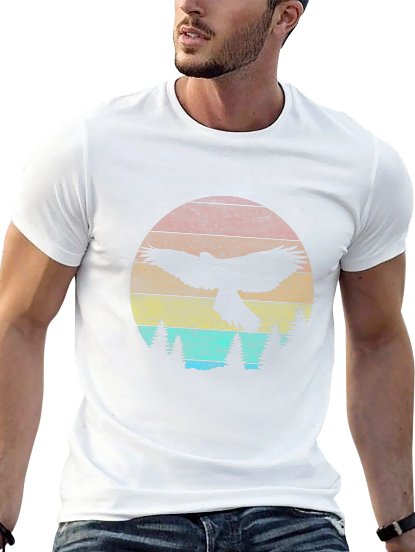 Retro Eagle Sunset Graphic Tee - Black Crew Neck