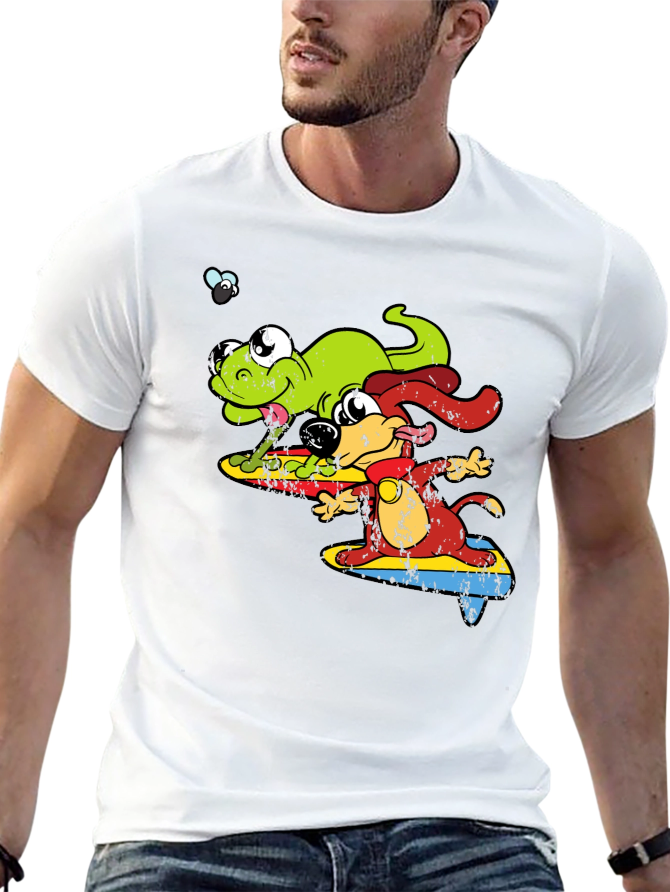 Cartoon Dog and Lizard Surfing Black T-Shirt
