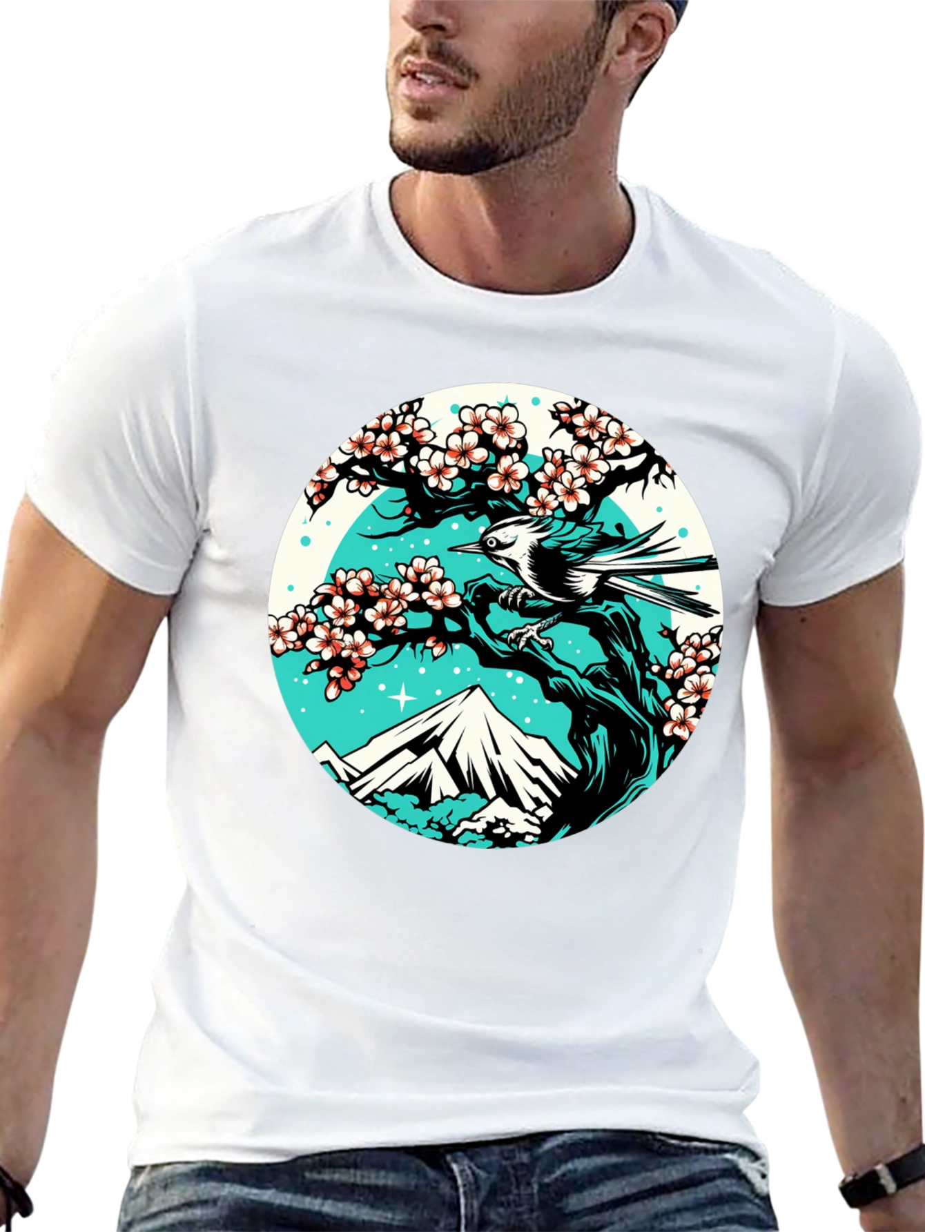 Nature Scene Graphic Tee - Bird Cherry Blossom Mountain