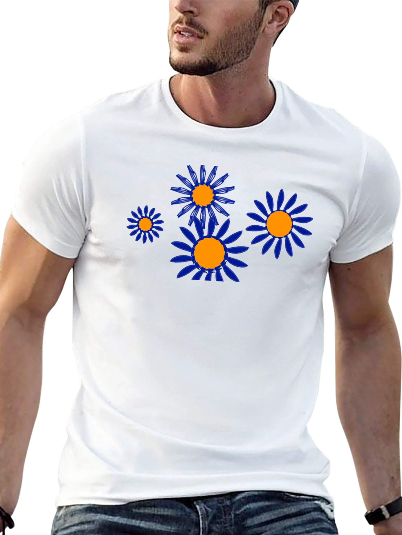 Black Tee with Blue & Orange Flower Graphic
