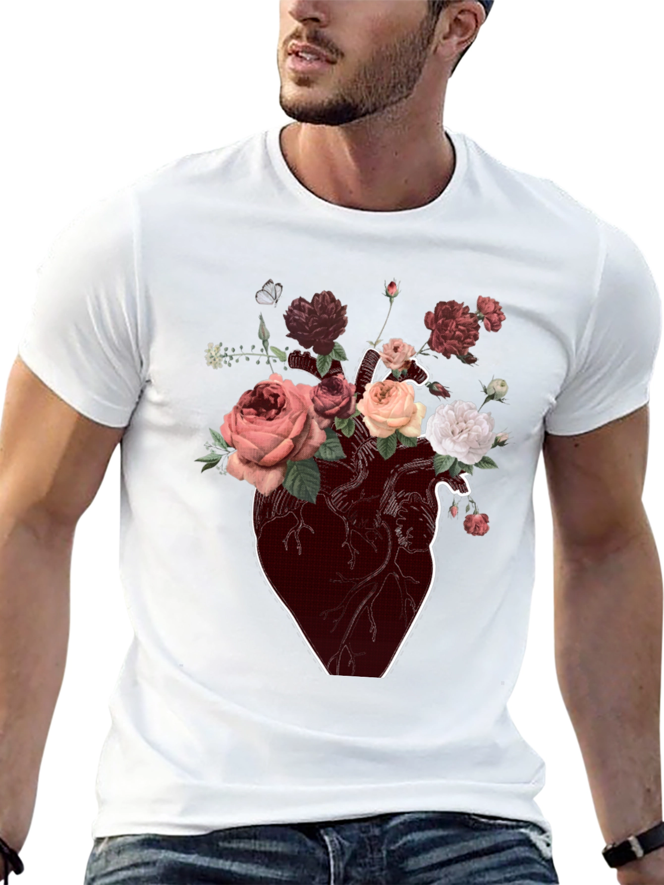 Floral Heart Graphic T-Shirt - Artistic Black Tee