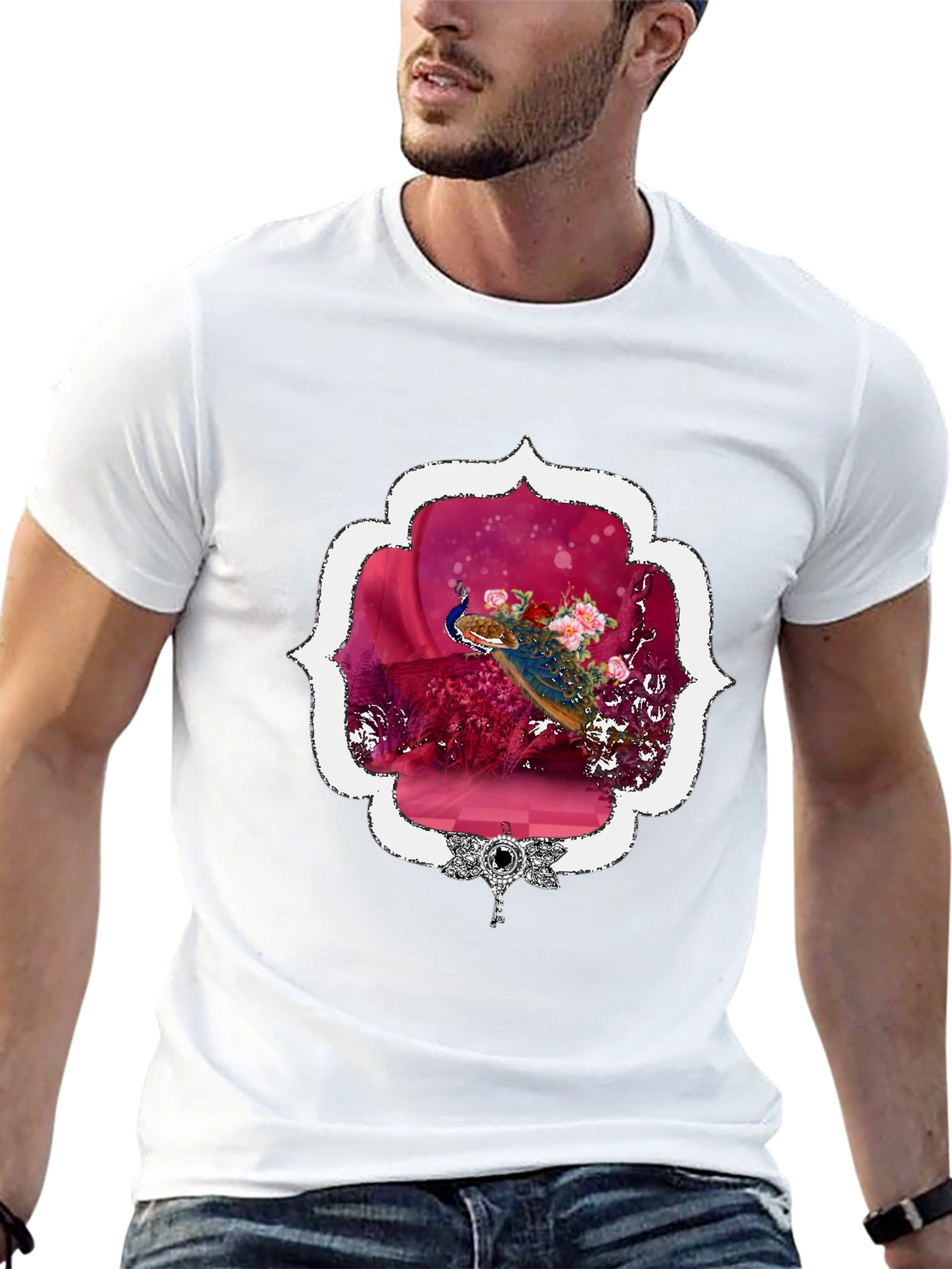 Floral Peacock Graphic Tee - Stylish & Unique