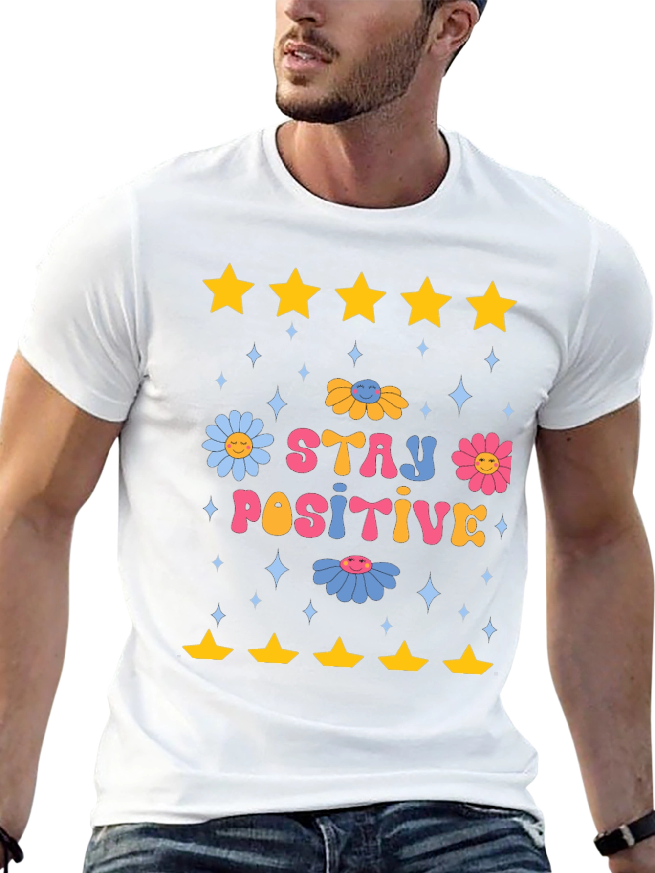 Stay Positive Graphic Tee - Retro Floral Design