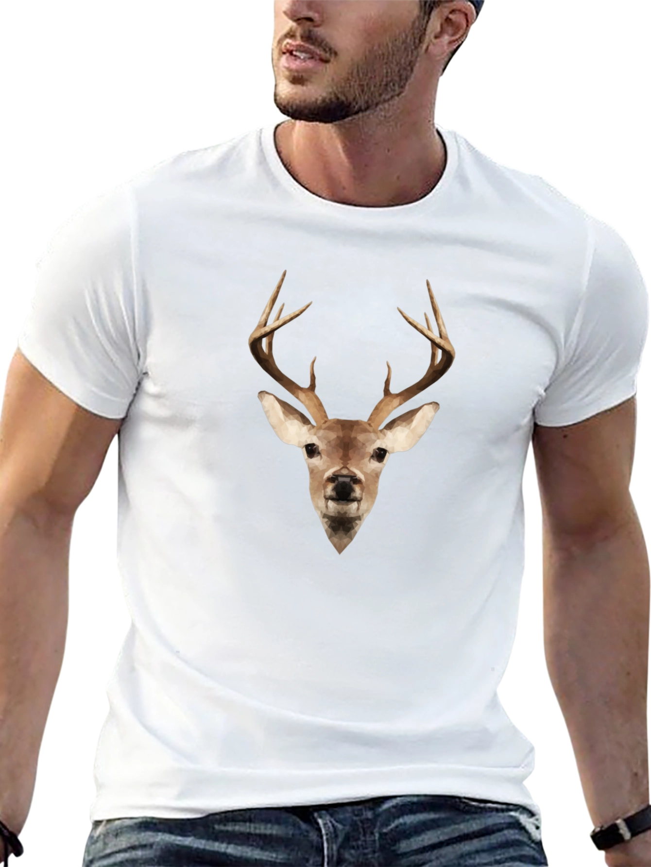 Geometric Deer Head Black Tee - Modern Wildlife Style