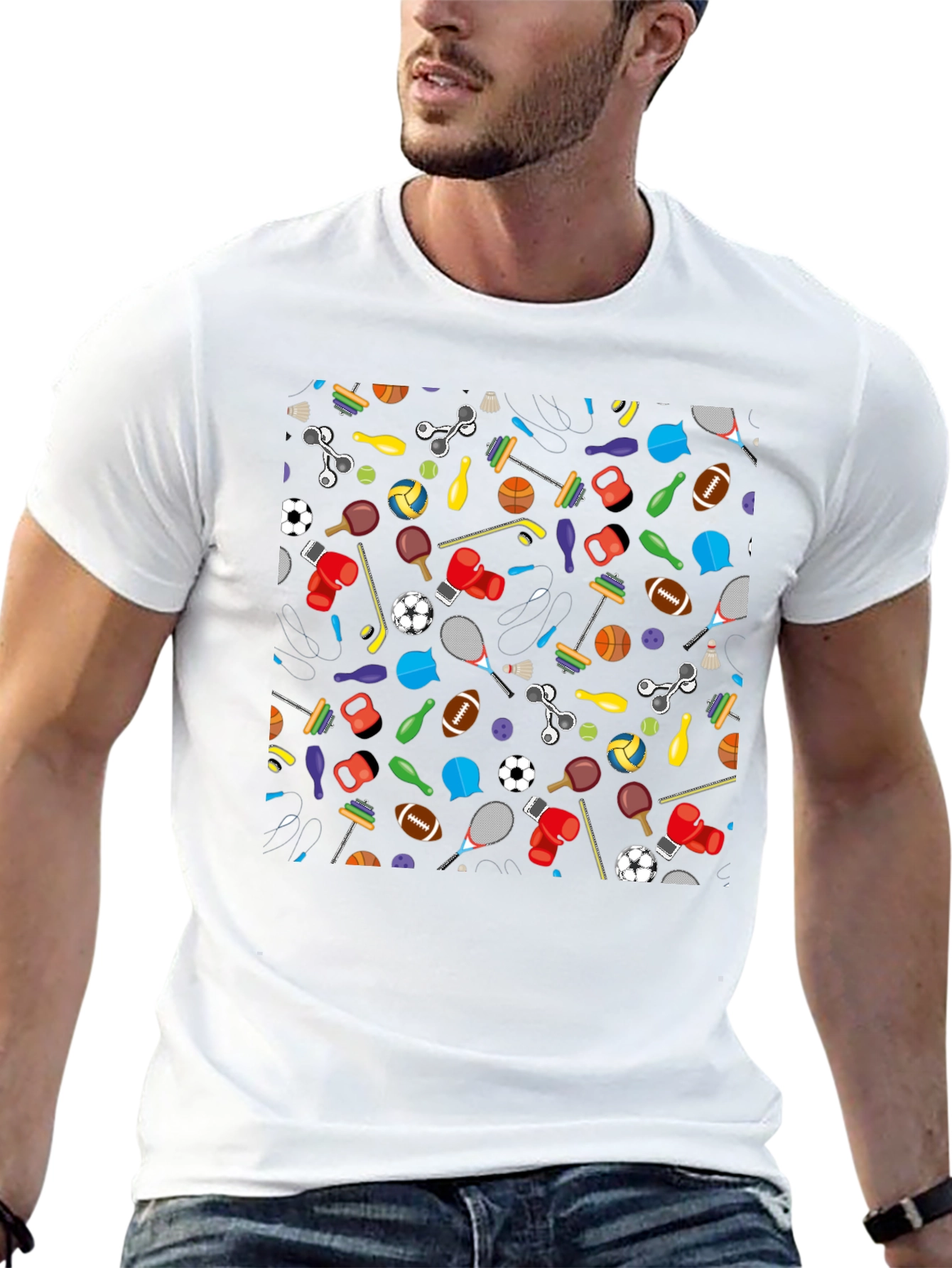 Fun Sports Pattern Black T-Shirt