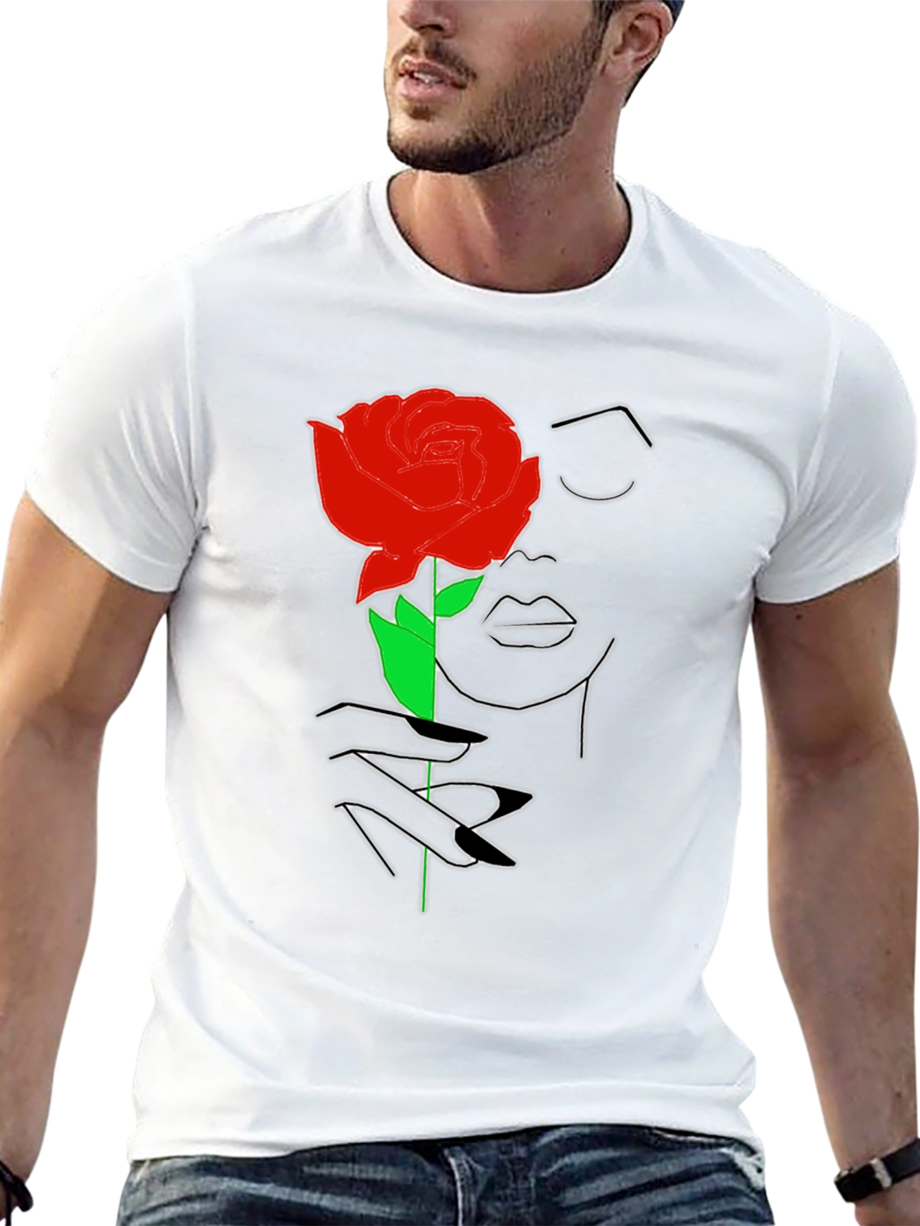 Rose Woman Graphic Tee - Stylish Line Art T-Shirt