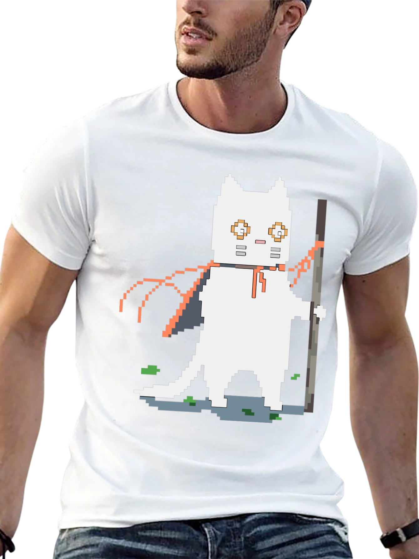 Pixel Art Cat Warrior Graphic T-Shirt