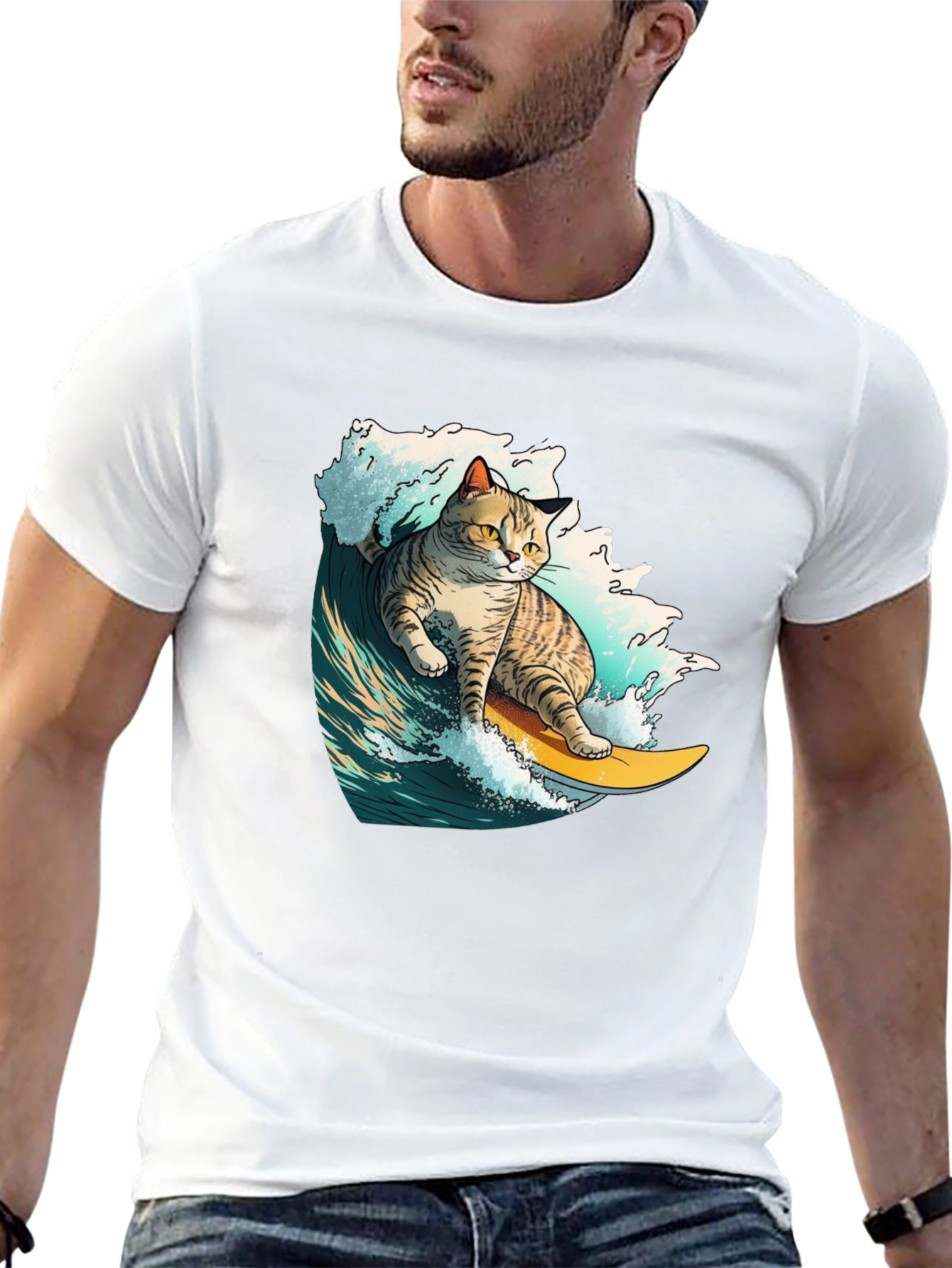 Surfing Cat Graphic T-Shirt - Cool Animal Tee