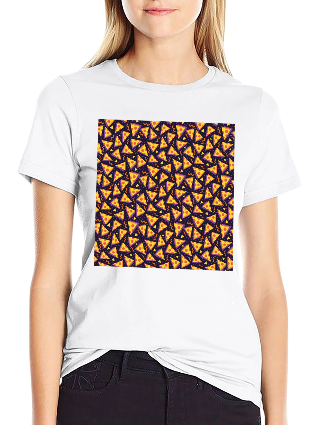 Pizza Slice Pattern Black T-Shirt