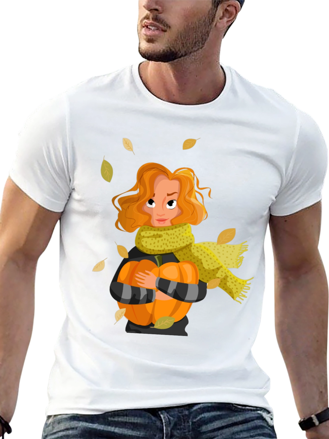 Fall Harvest T-Shirt: Woman Pumpkin & Falling Leaves