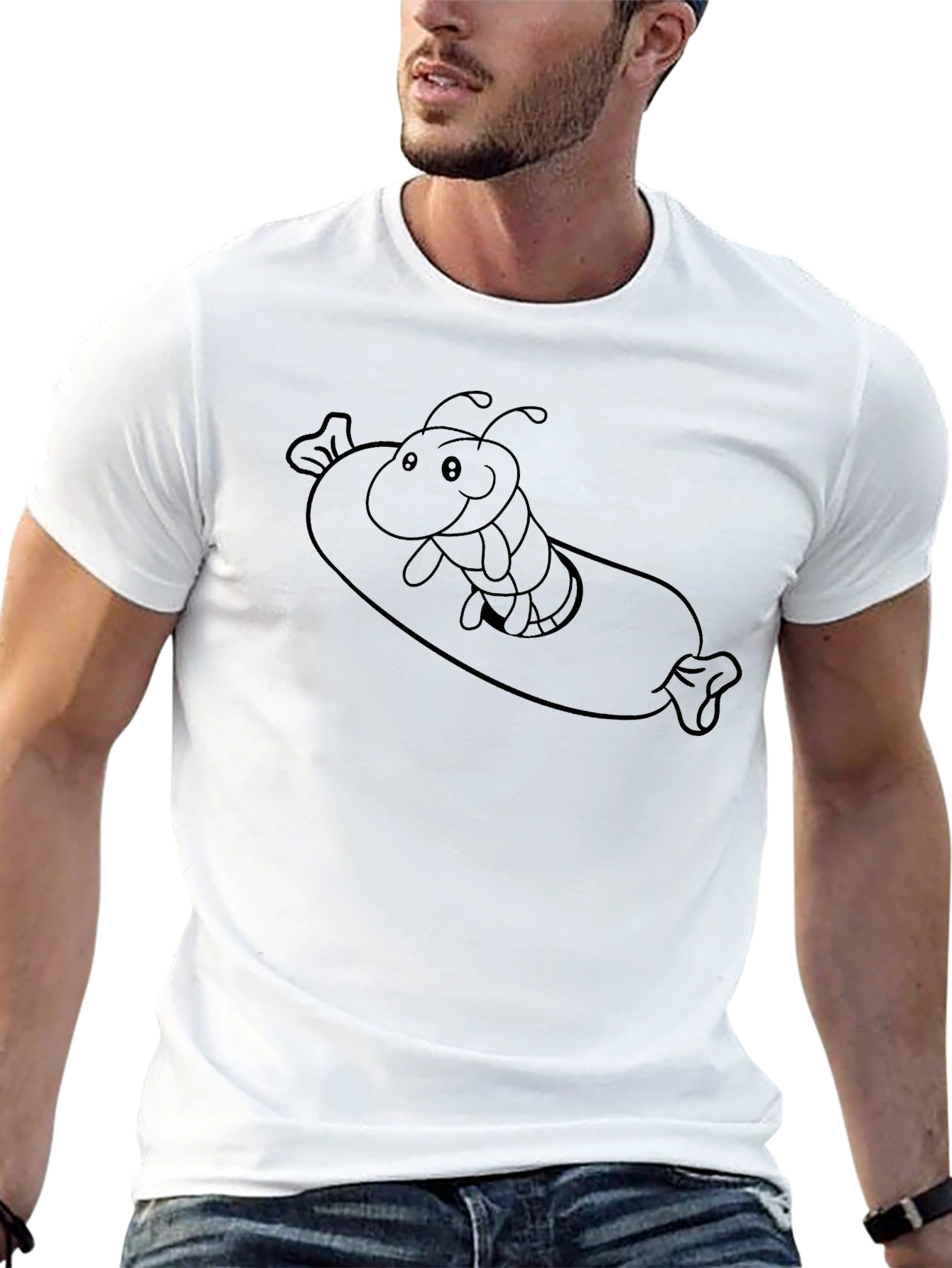 Cartoon Caterpillar Hotdog T-Shirt - Unisex Black Tee