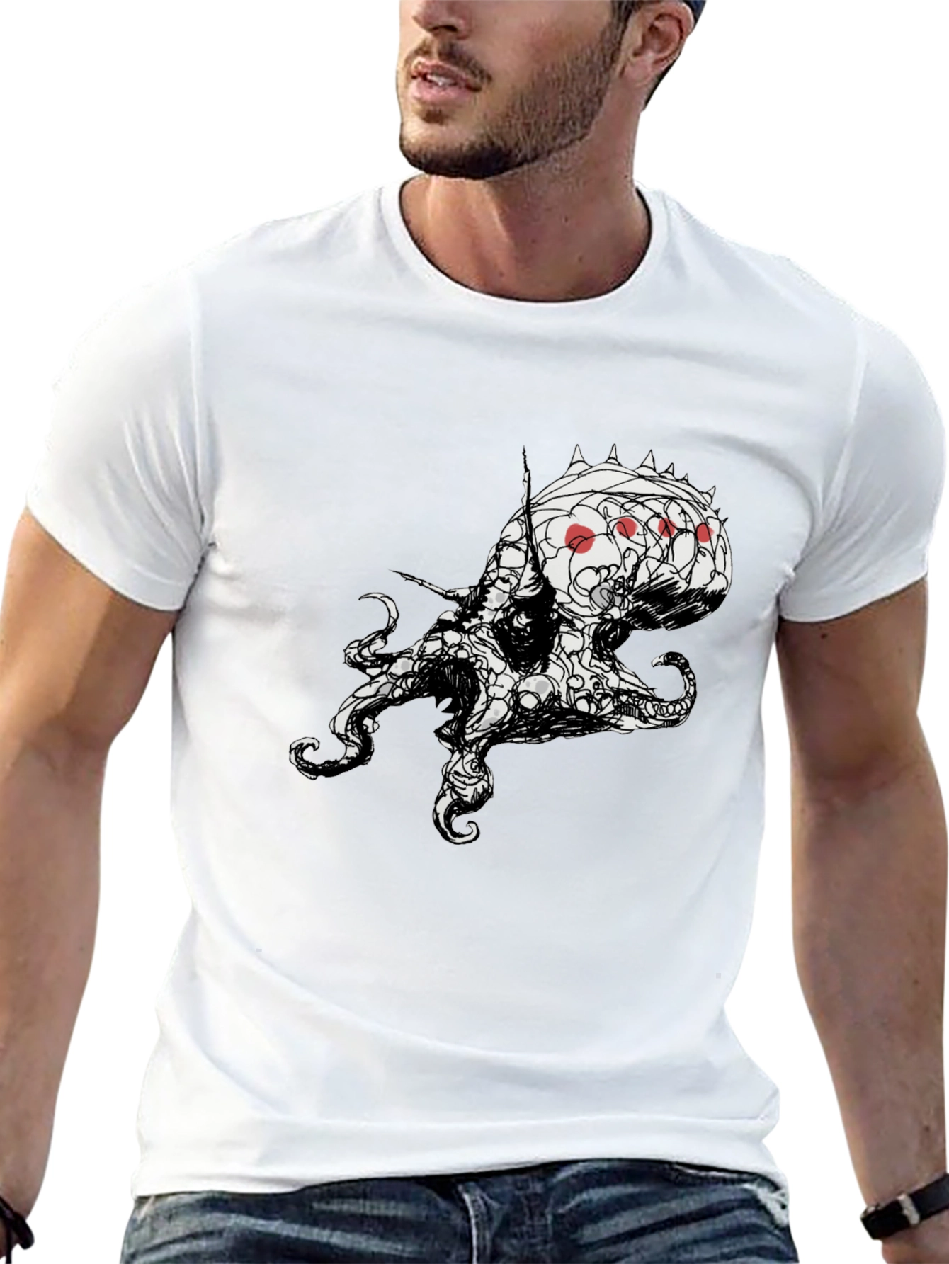 Mens Black T-Shirt with Abstract Octopus Design