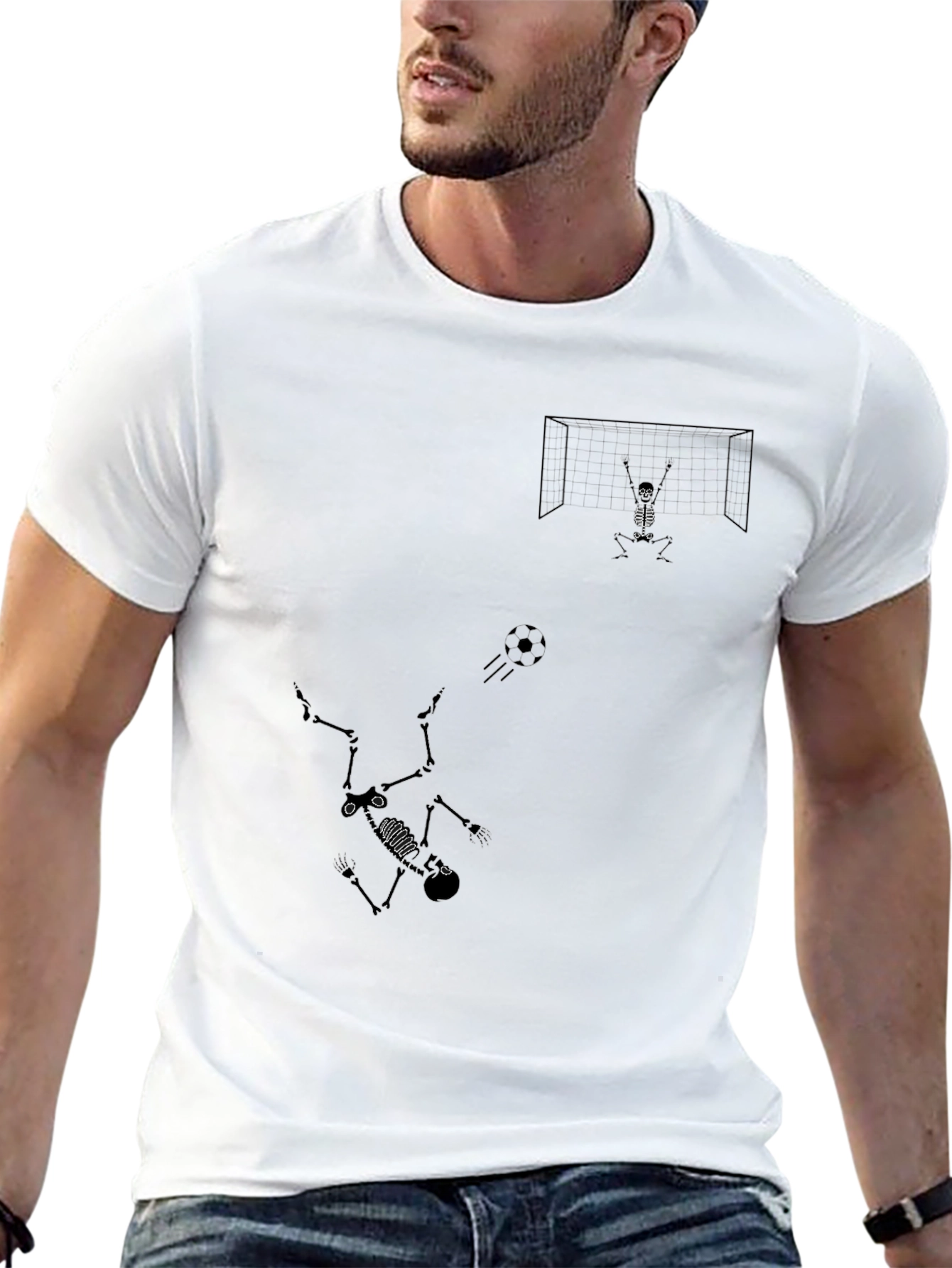Skeleton Soccer Graphic Tee - Black Cotton Shirt