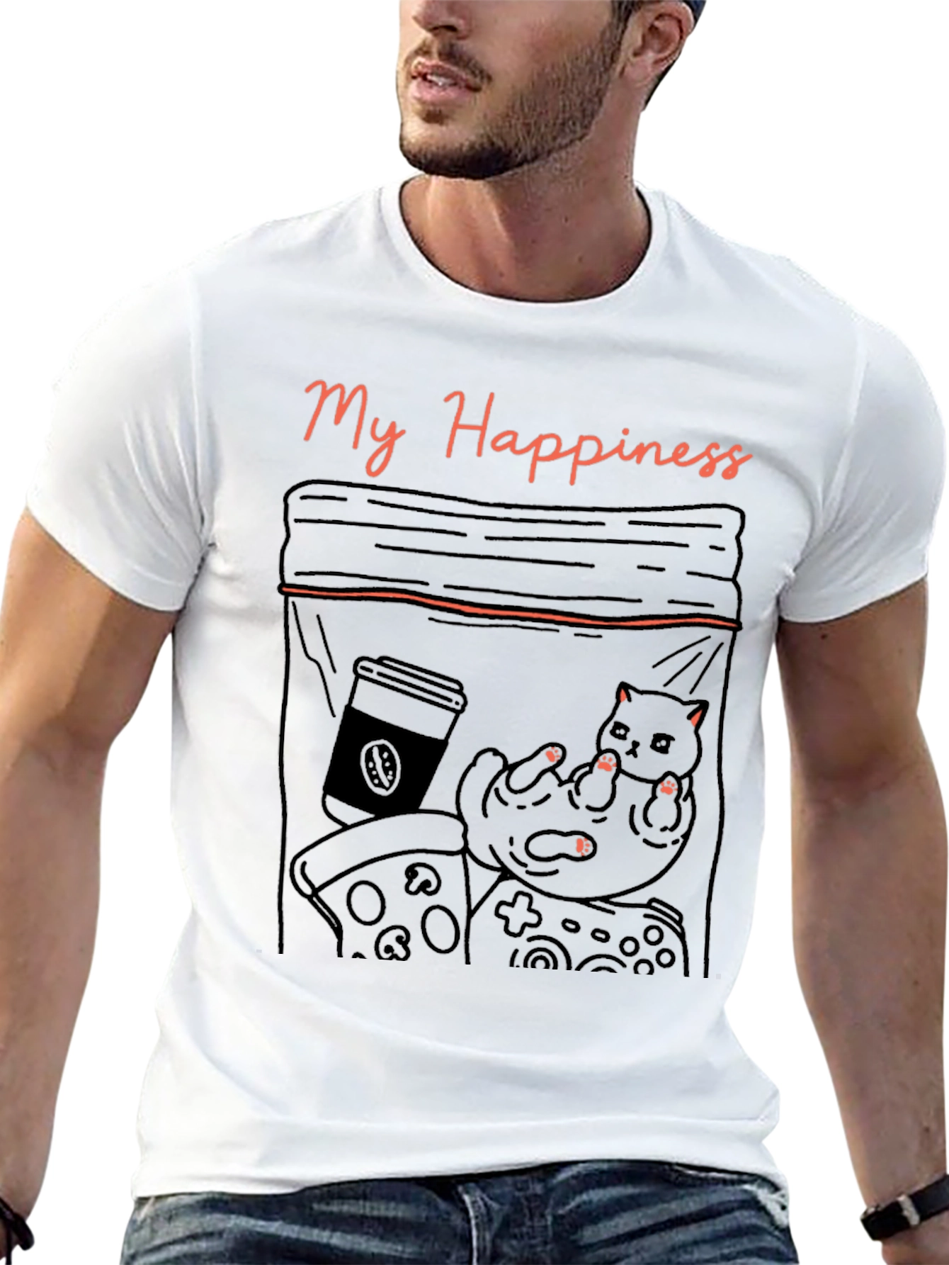 My Happiness T-Shirt: Cat Coffee Pizza and Gaming!