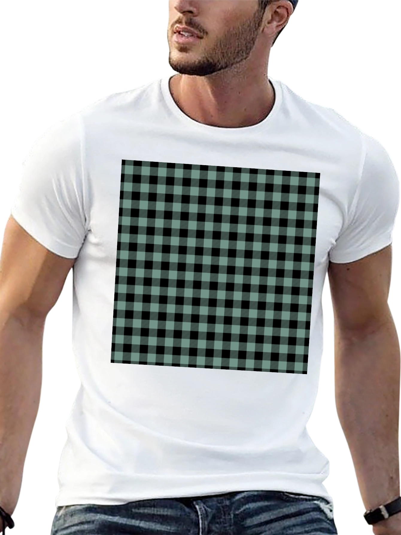 Mens Black T-Shirt with Buffalo Plaid Design