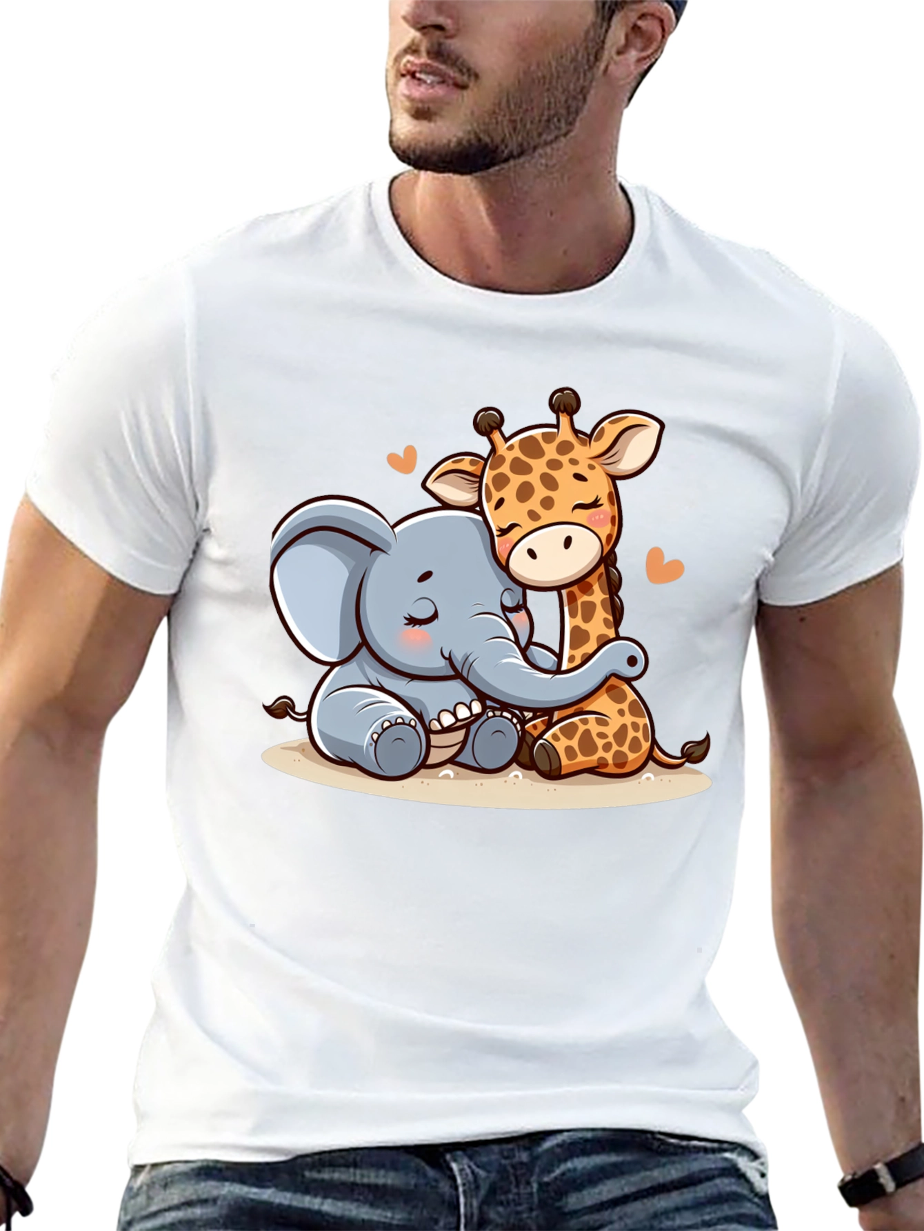 Cute Elephant & Giraffe Hug Graphic Tee - Black