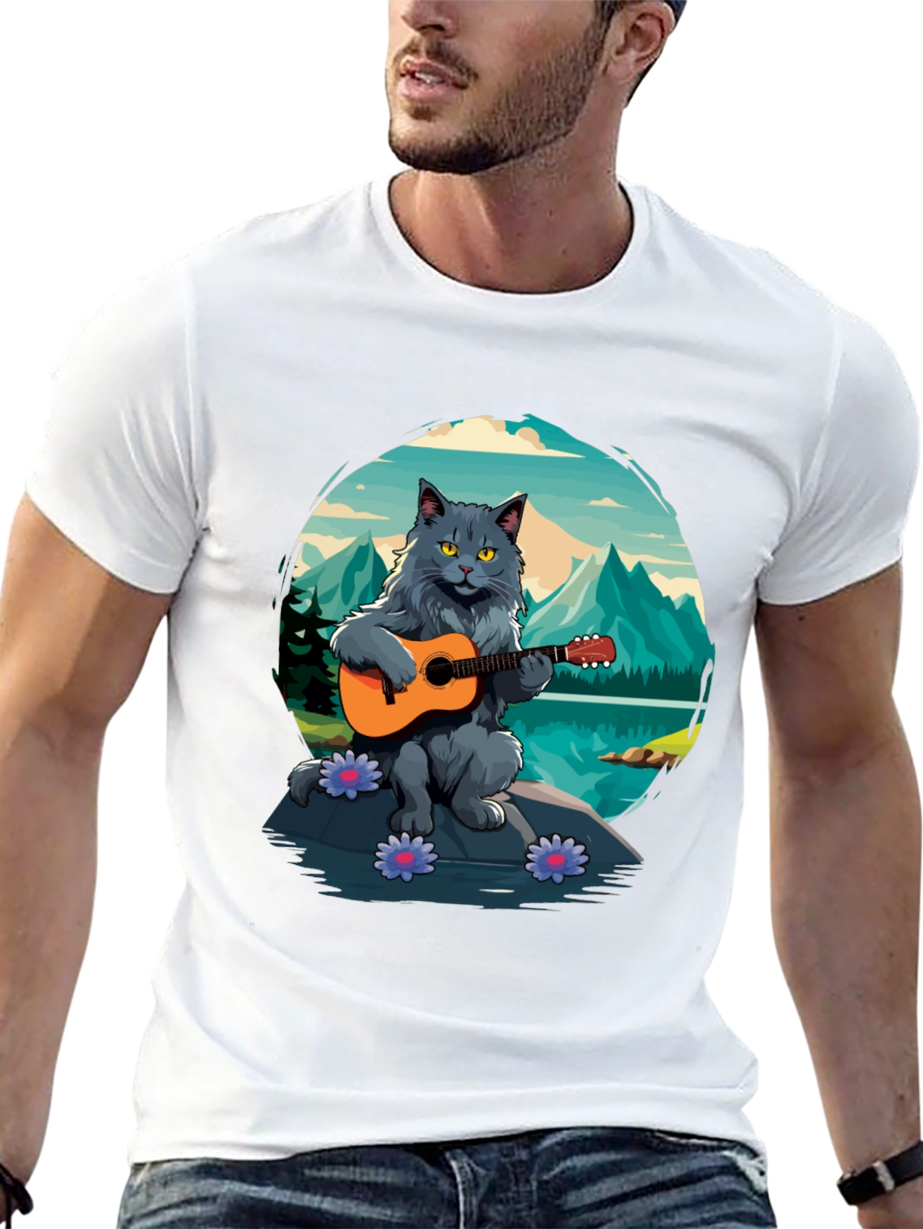 Cat Guitarist Graphic Tee - Playful & Unique Design