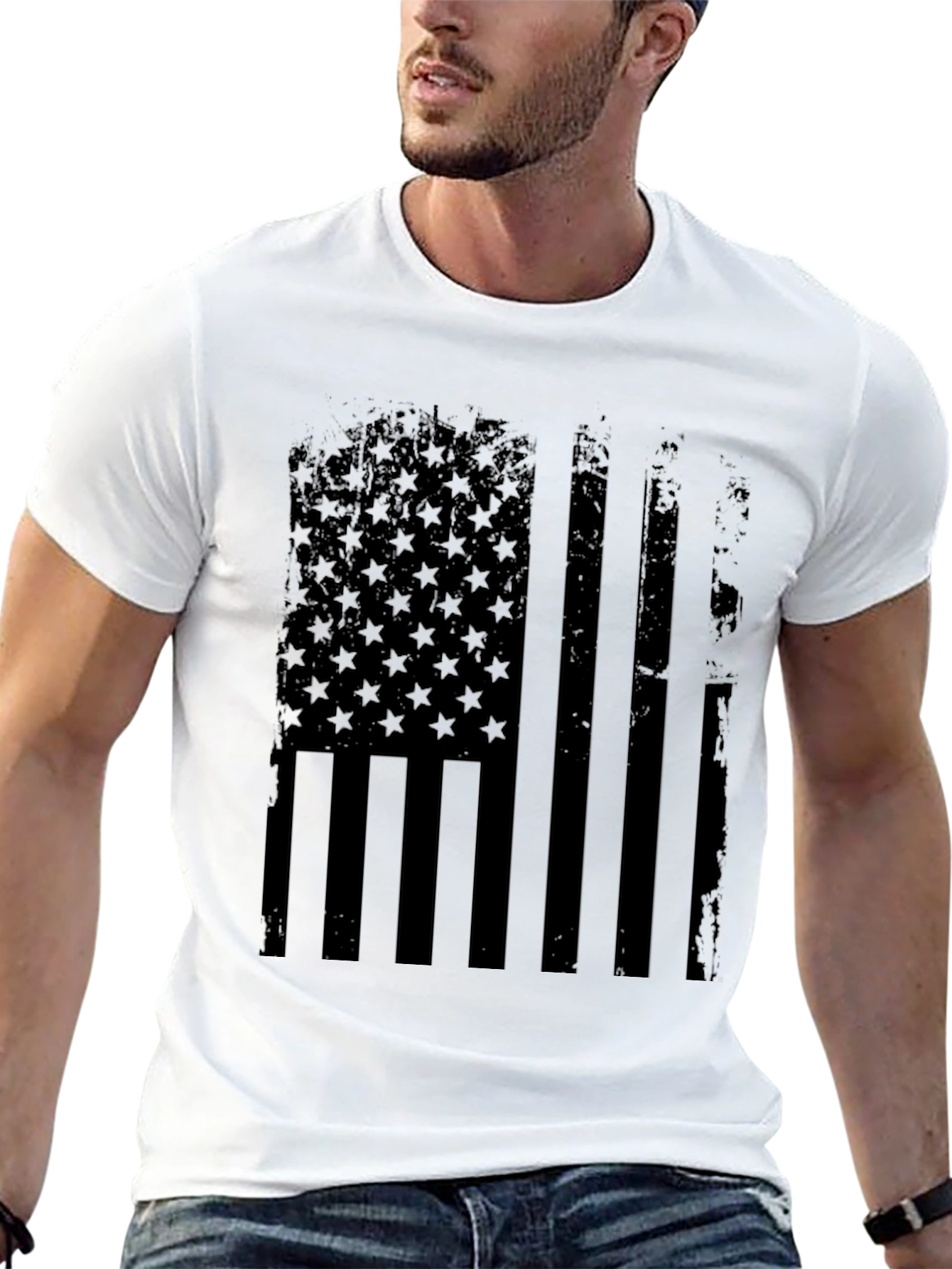 Distressed American Flag Graphic Tee - Black
