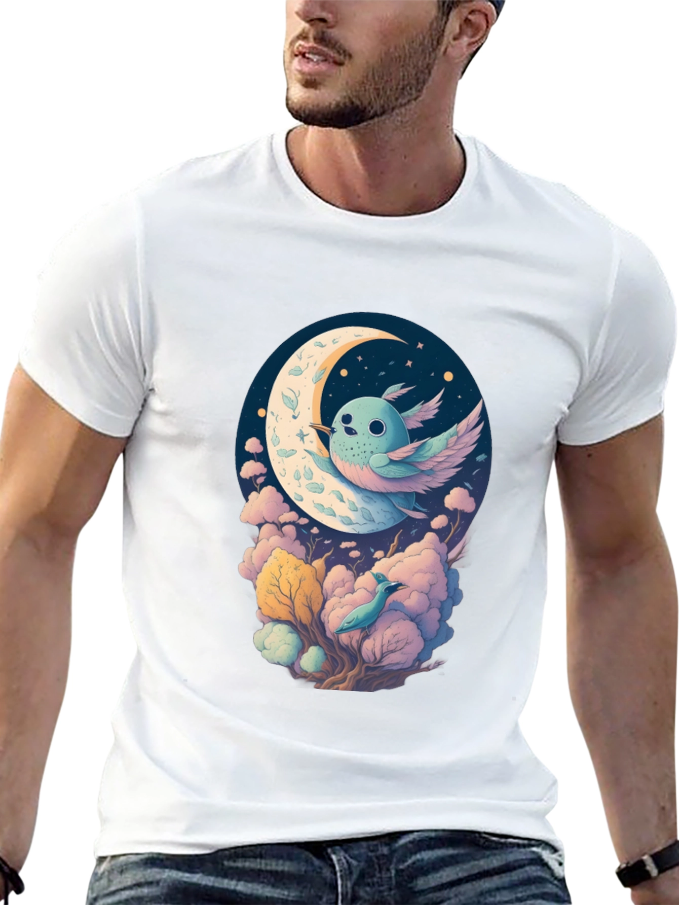 Whimsical Moon Bird Graphic Tee