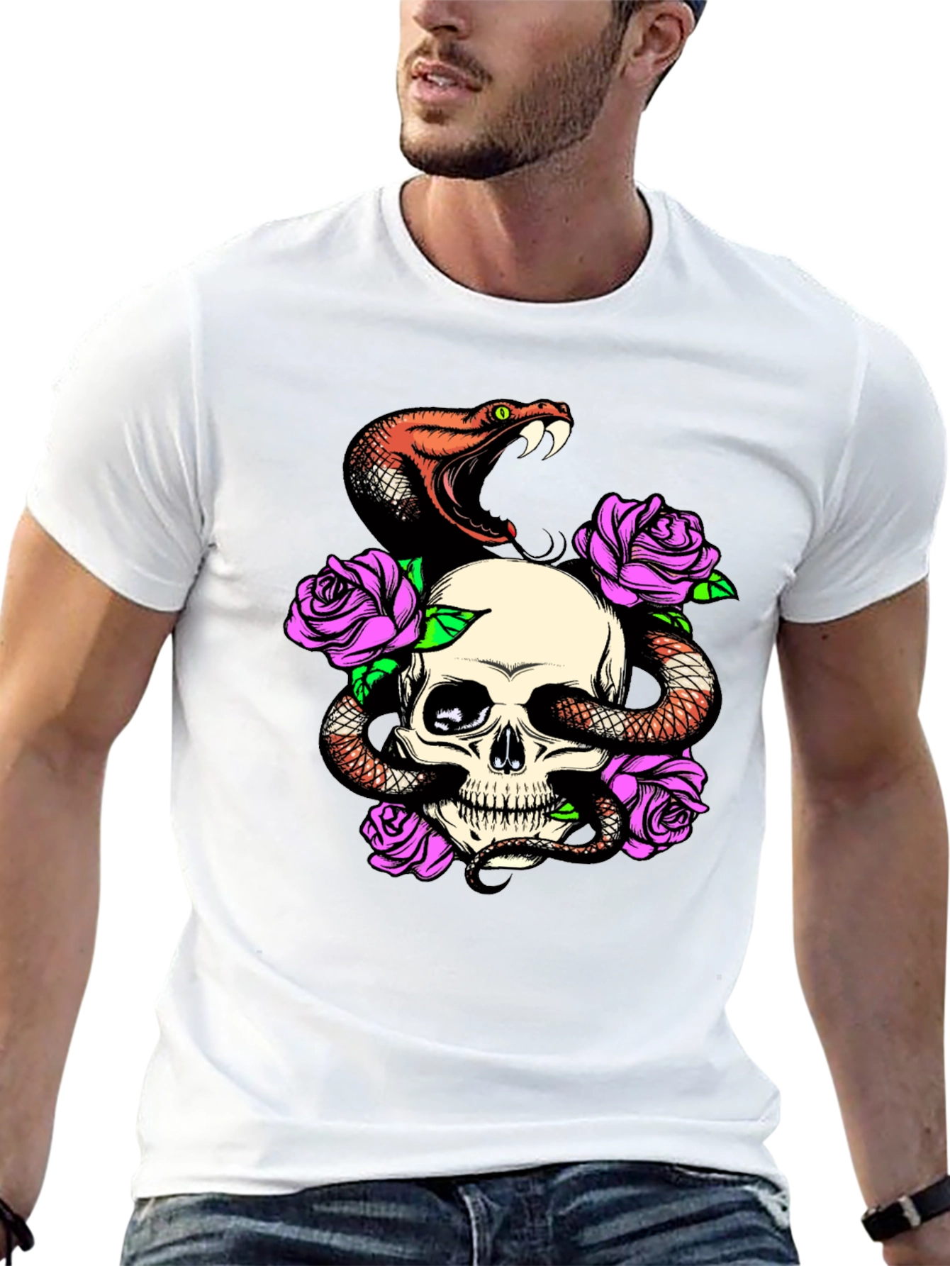 Skull Snake Rose Graphic Black T-Shirt