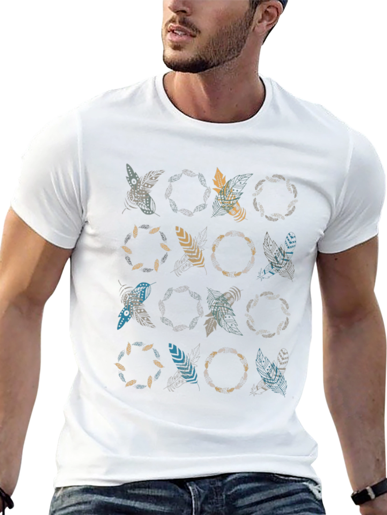 Boho Feather Print Black T-Shirt