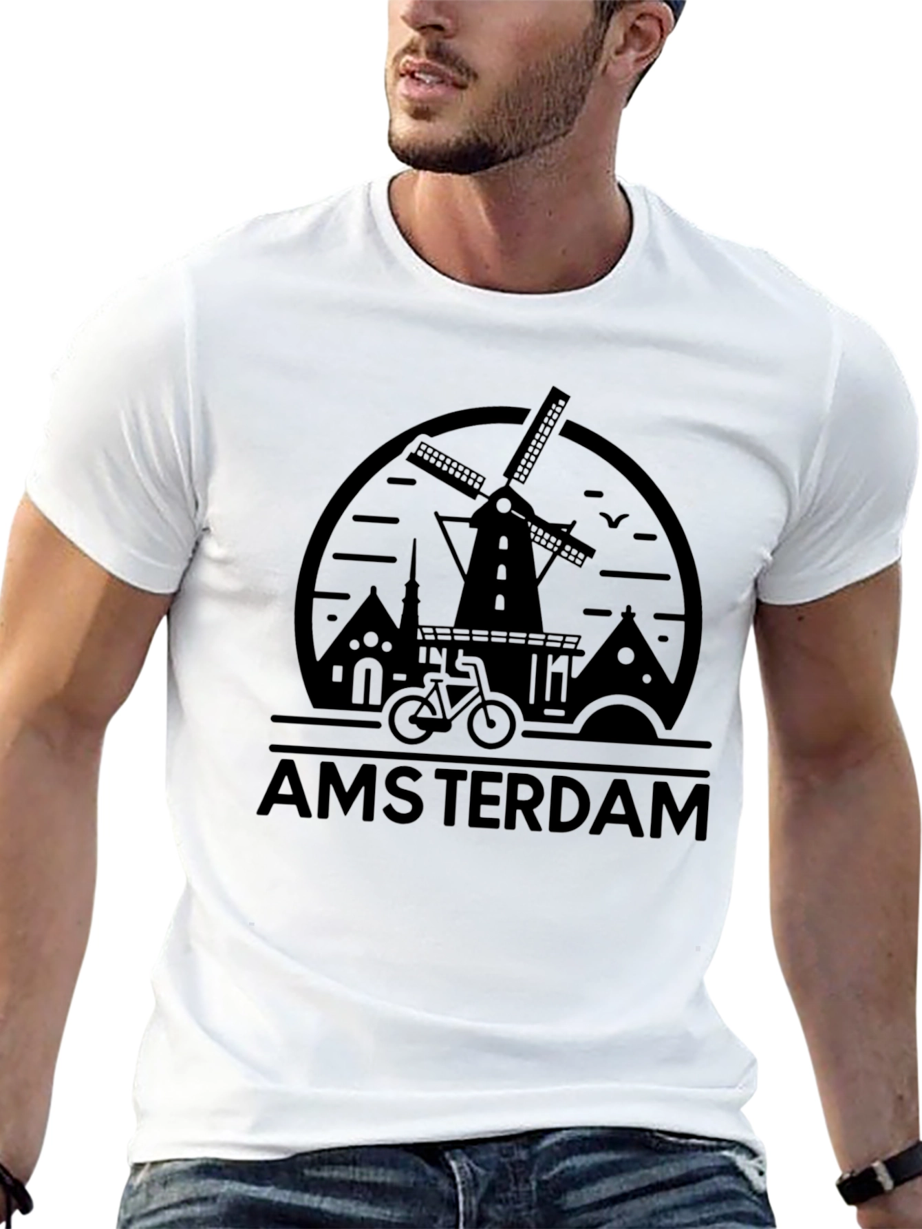 Amsterdam Graphic Tee - Windmill Bike Design Black T-Shirt