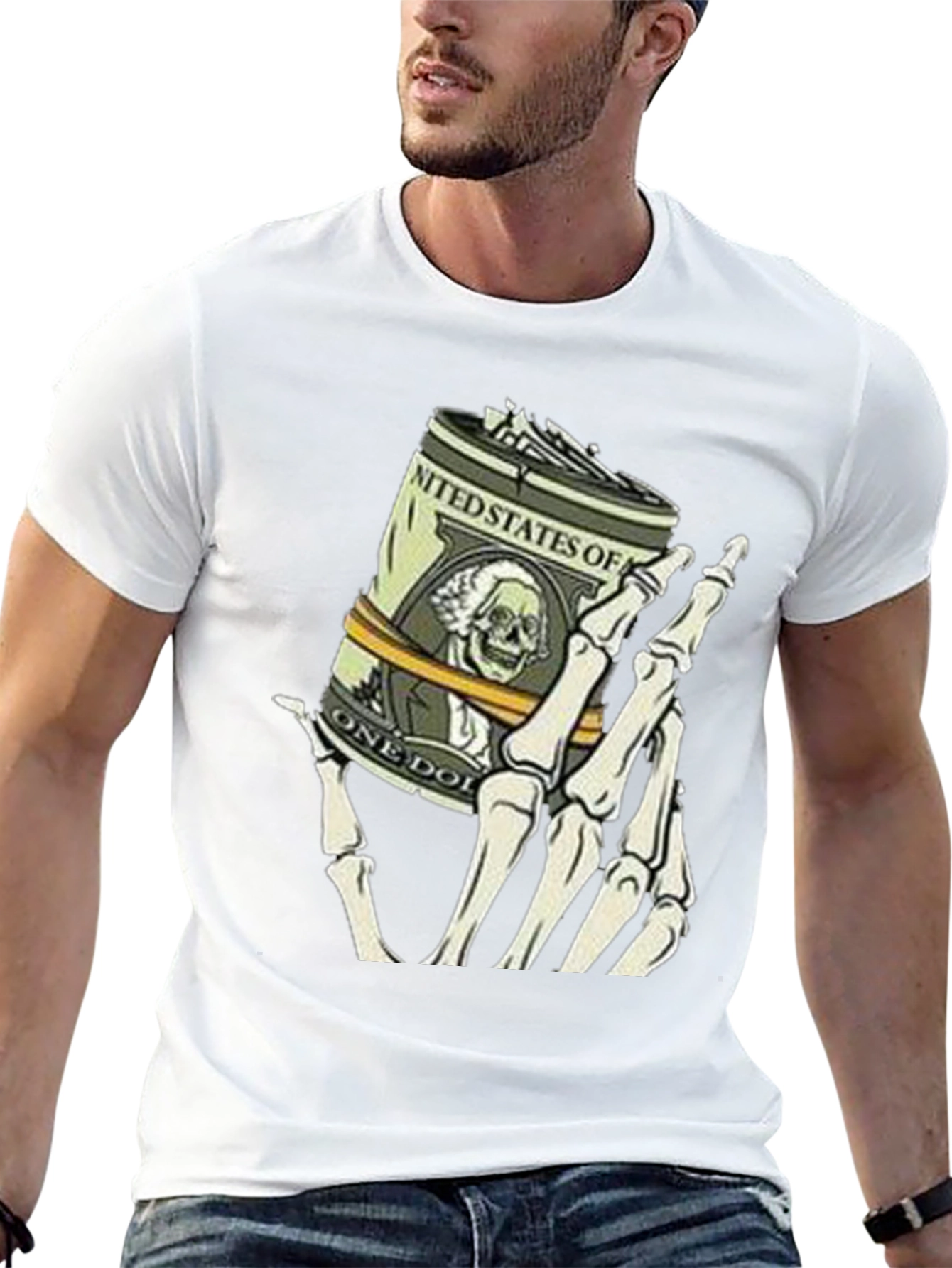 Money Skeleton Hand Graphic Tee - Black Cotton Shirt