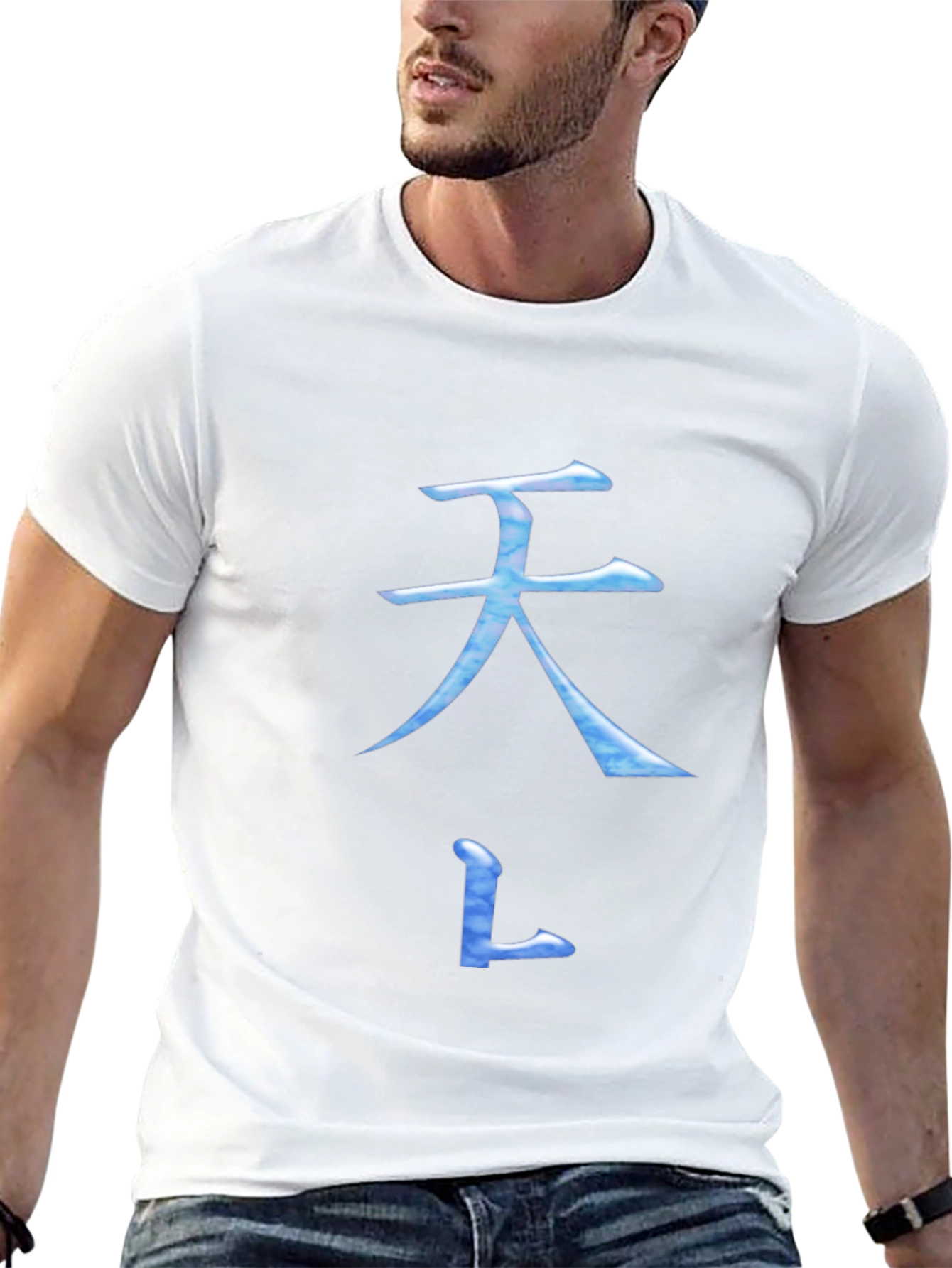 Black T-Shirt with Blue Asian Inspired Symbol Design