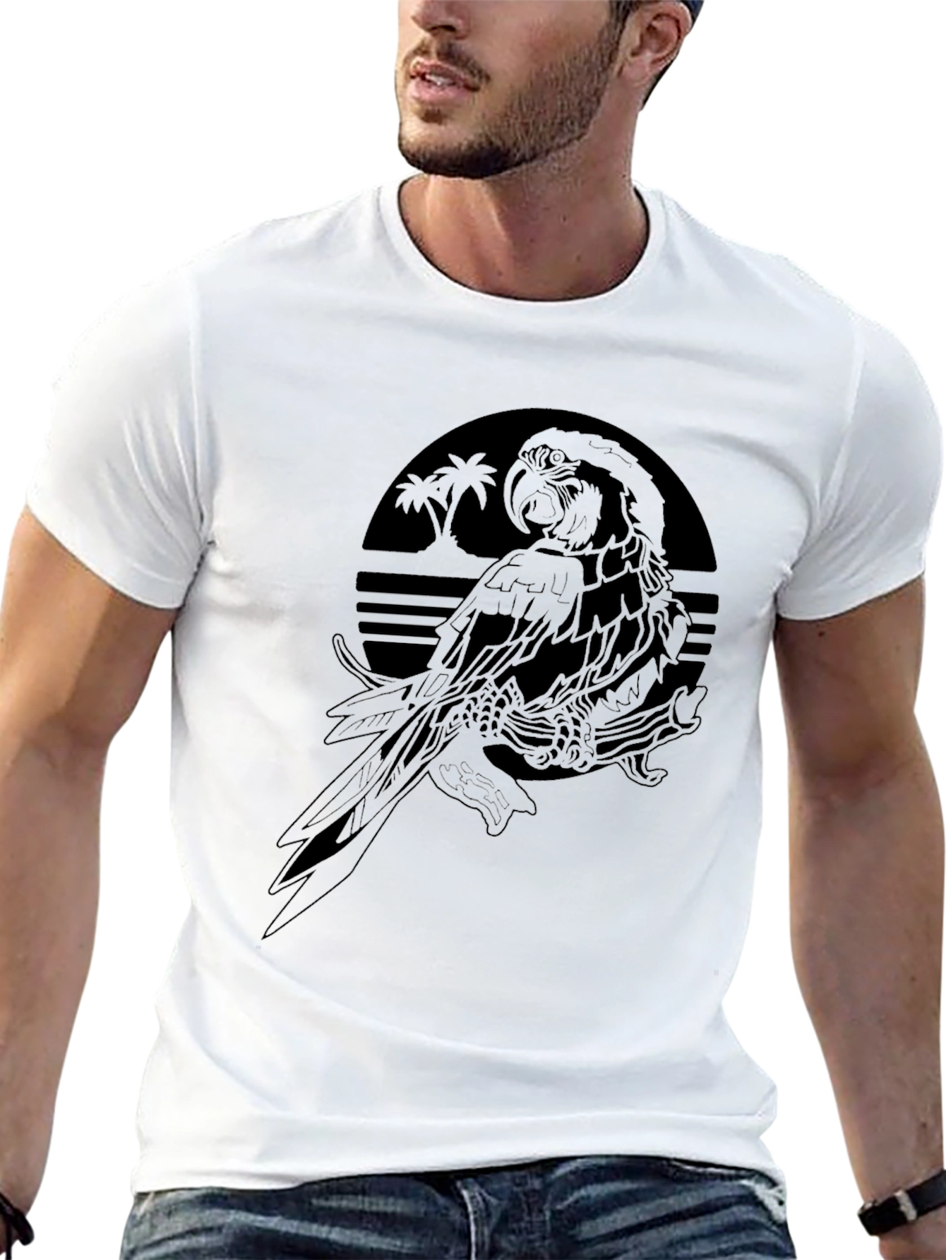 Tropical Parrot Graphic Tee - Mens Black T-Shirt
