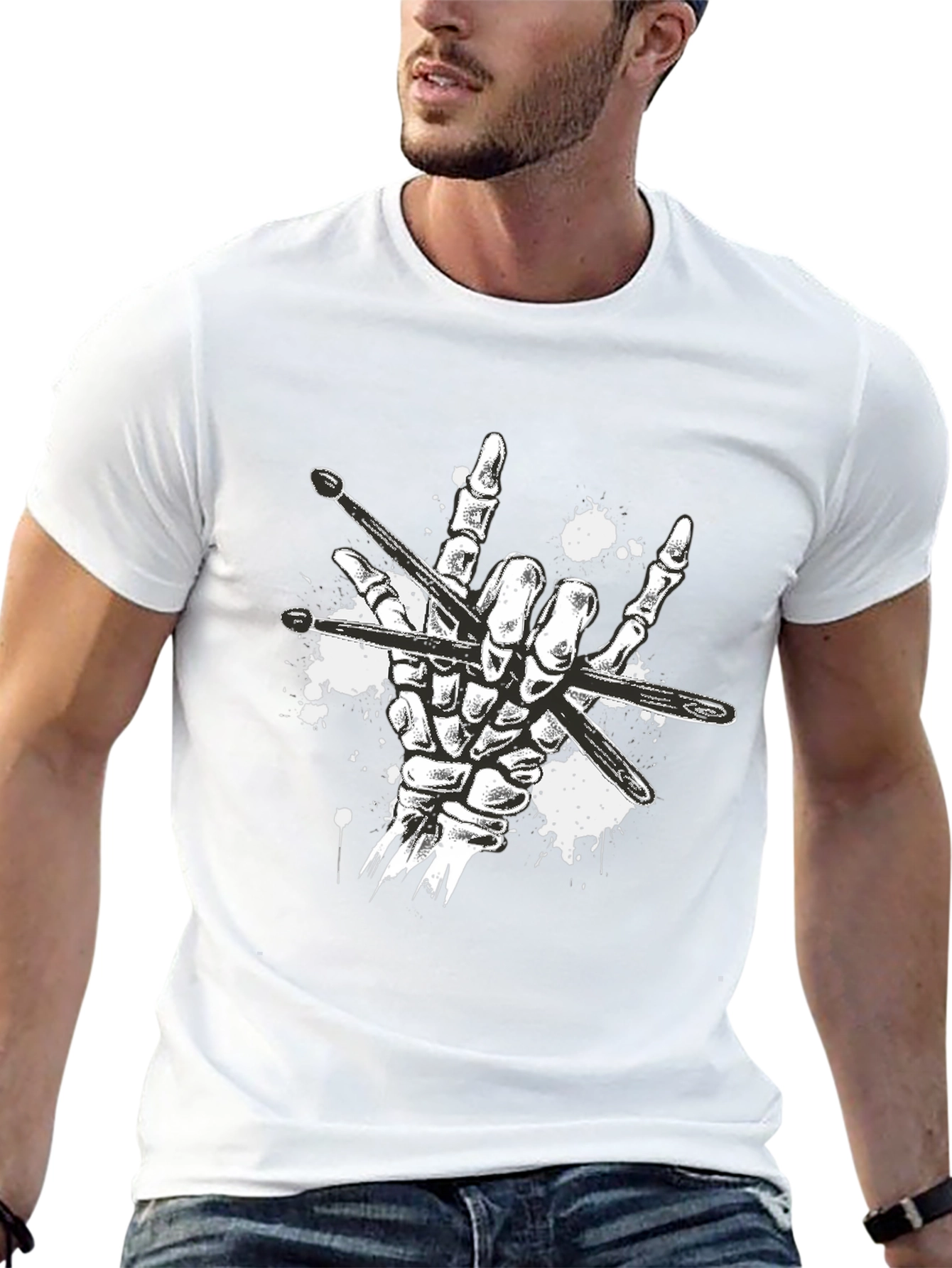 Rock On Drummer T-Shirt: Skeleton Hand Drumsticks