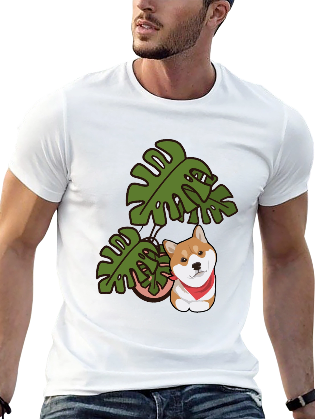 Dog & Monstera Leaf Graphic Tee - Black