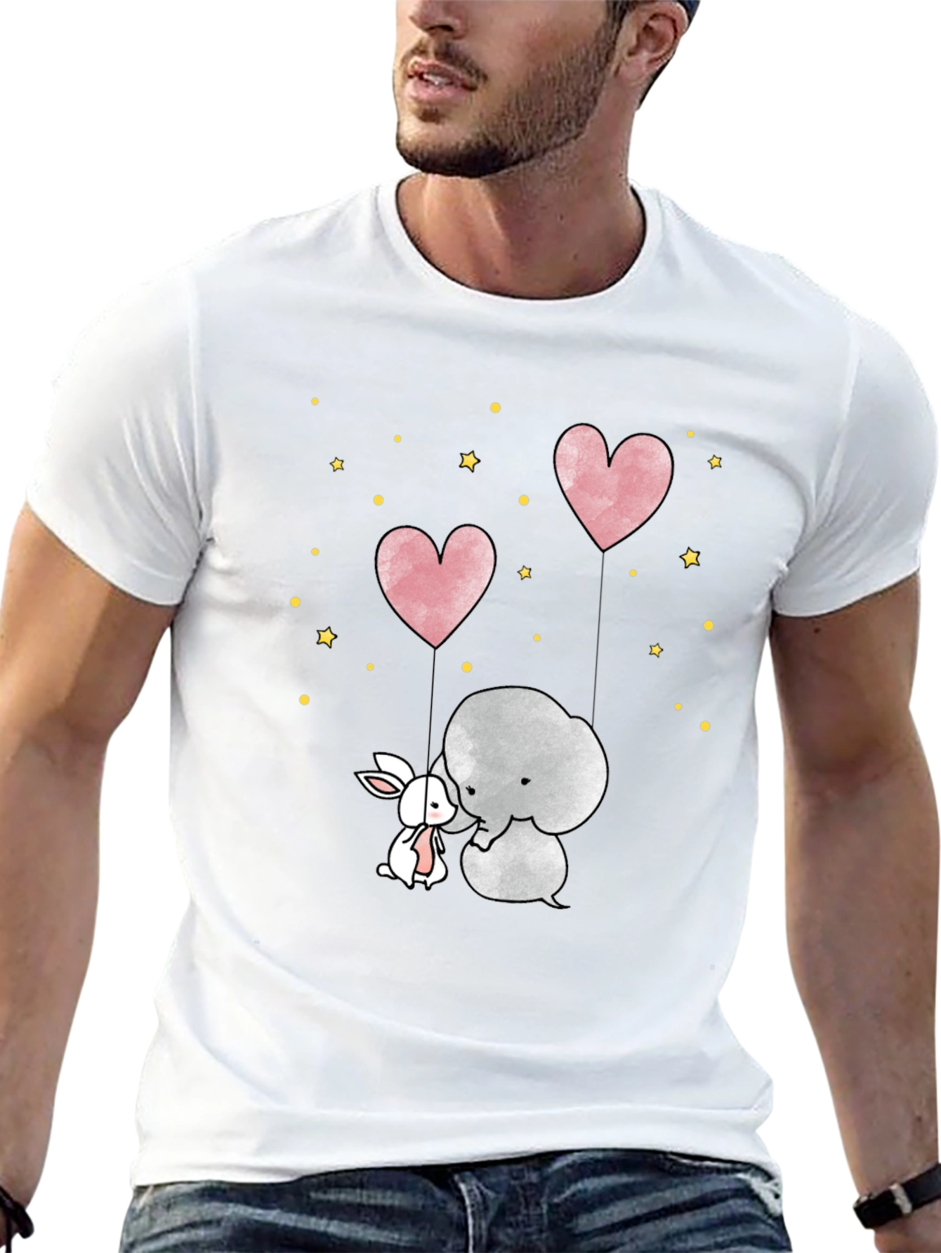 Cute Elephant & Bunny Heart Balloon Black T-Shirt