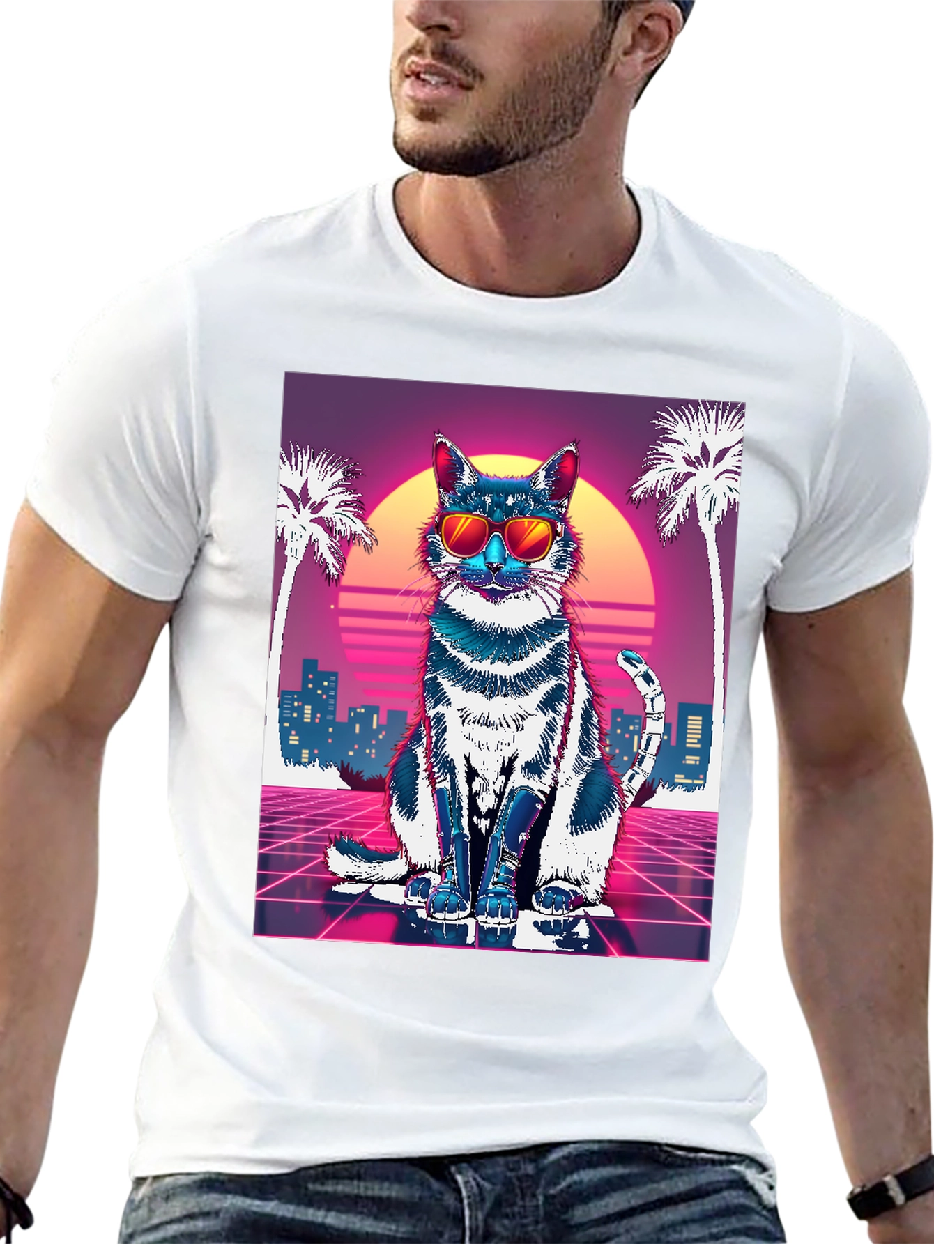Retro Cat T-Shirt - Synthwave Style
