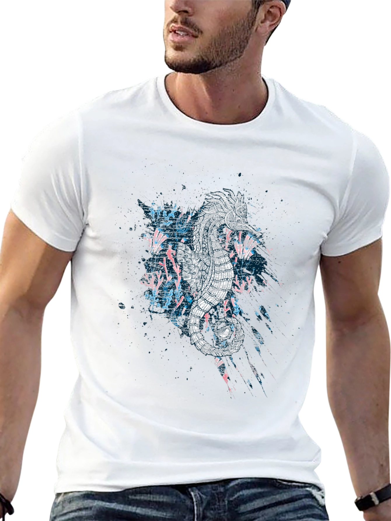 Abstract Seahorse Graphic Print Black T-Shirt