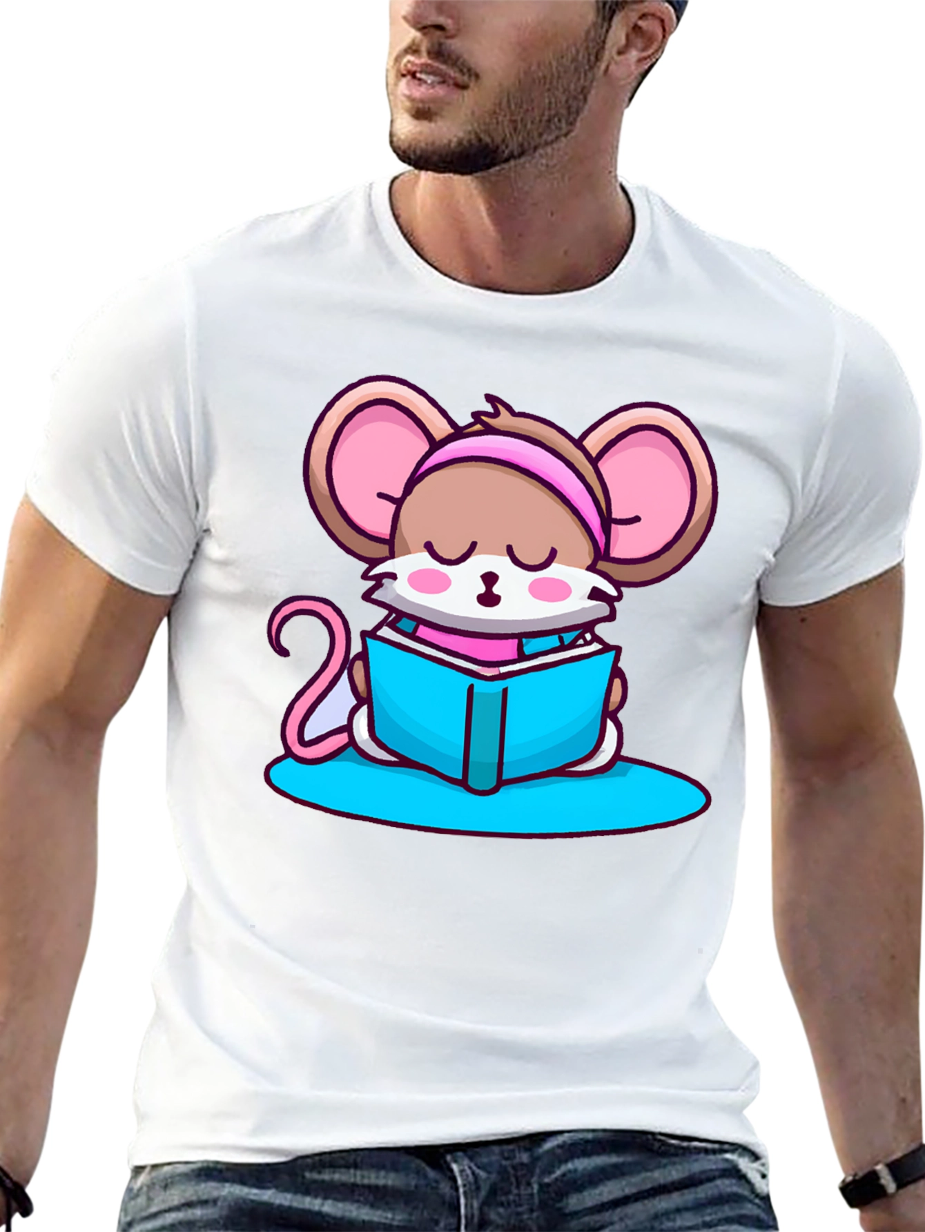 Cute Mouse Reading Book Black T-Shirt
