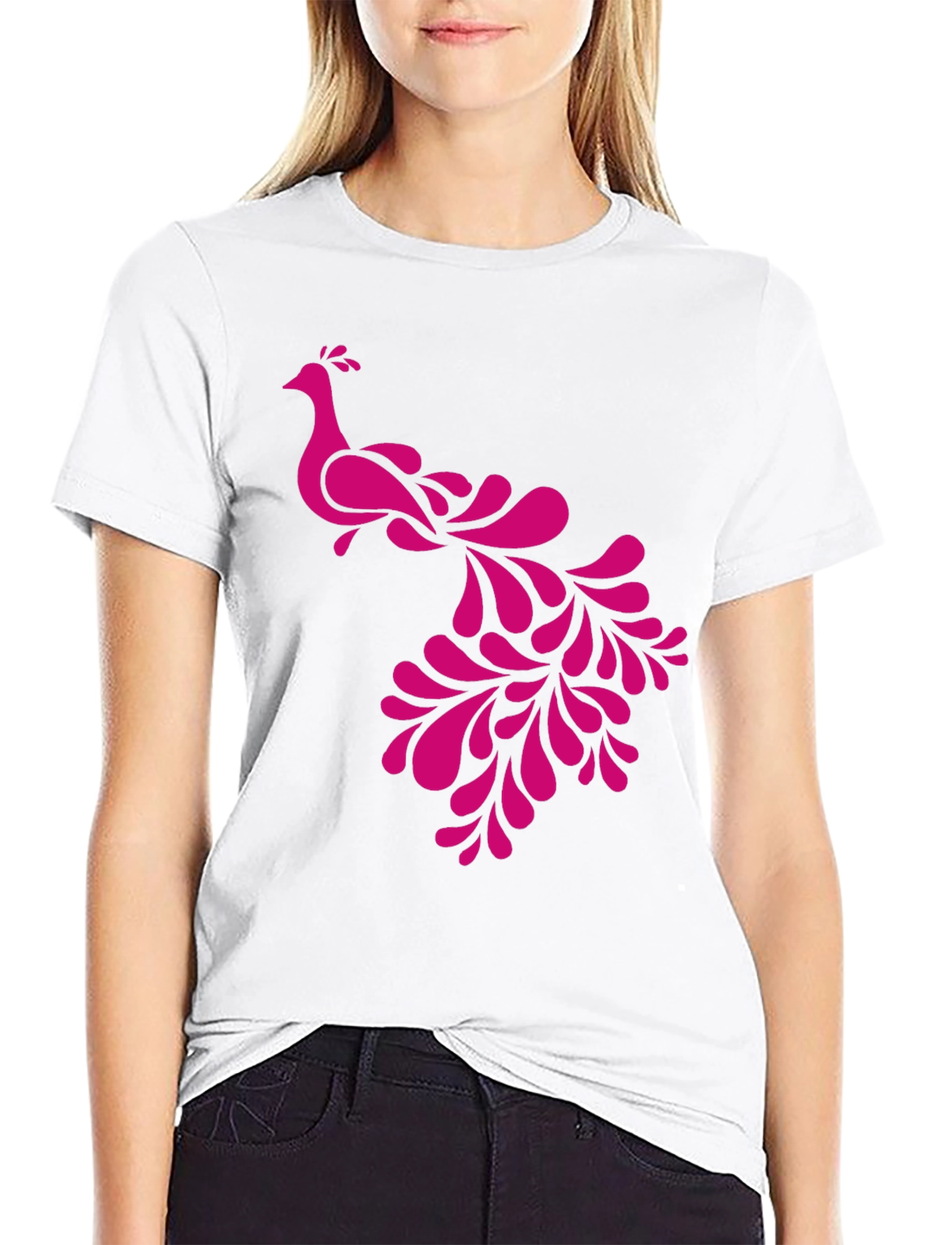 Pink Peacock Graphic Black T-Shirt