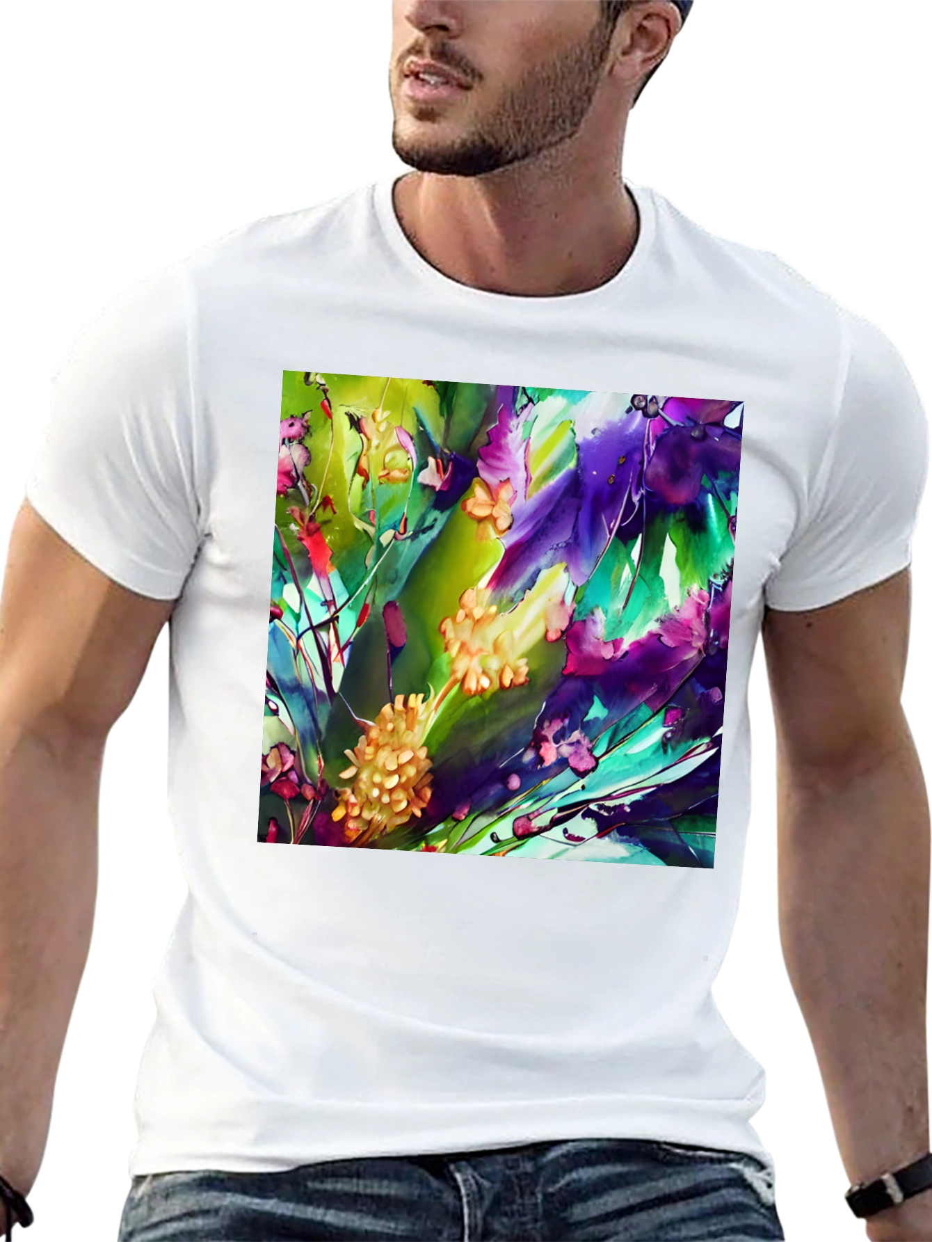 Abstract Floral Print Black T-Shirt - Artistic Style