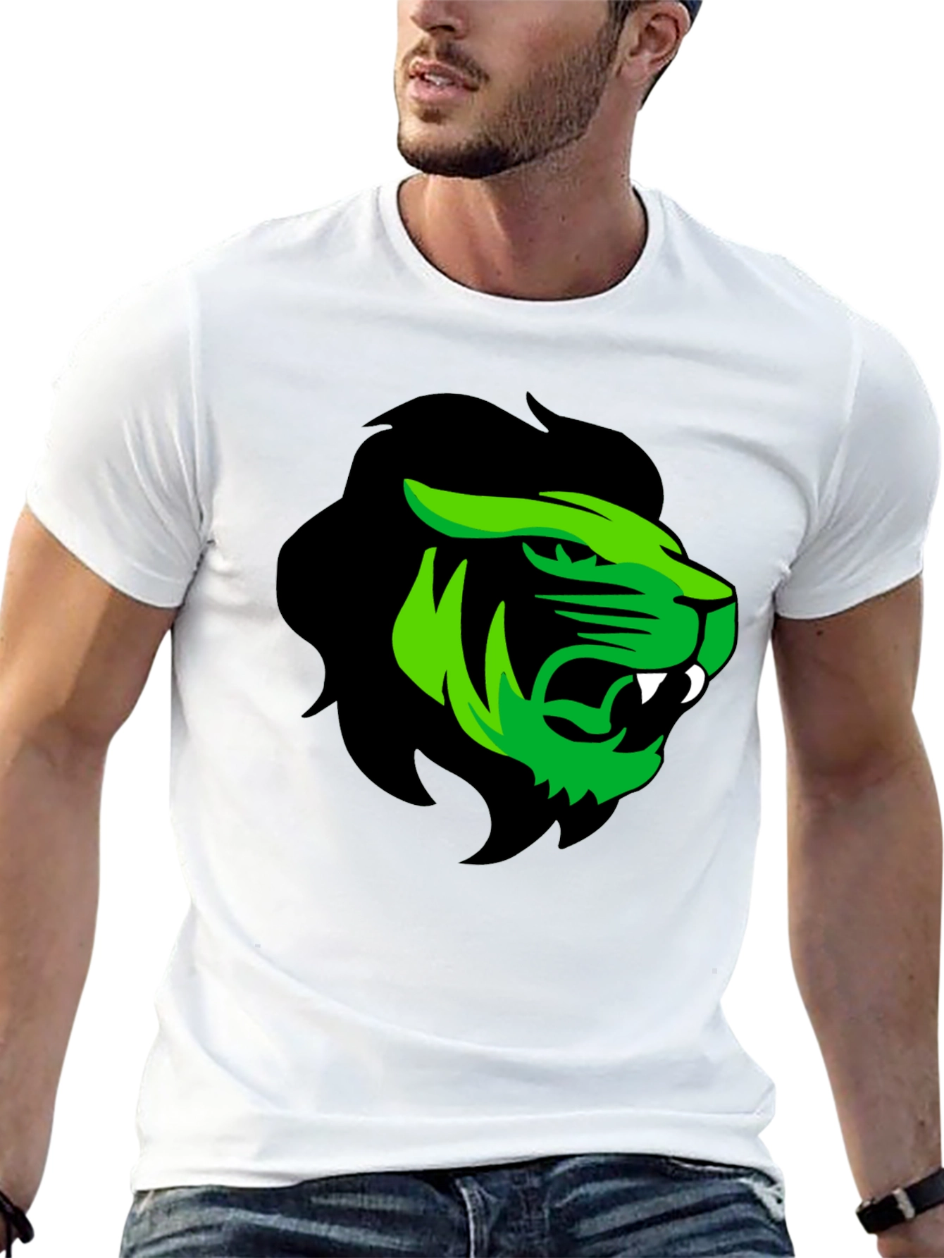 Mens Black T-Shirt with Green Lion Graphic