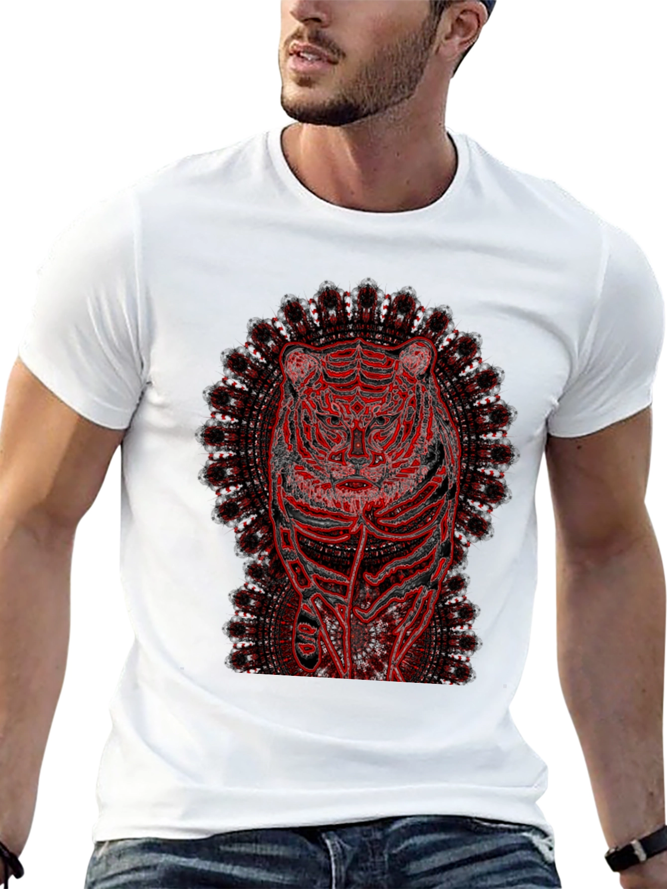 Red Tiger Mandala Graphic Black T-Shirt