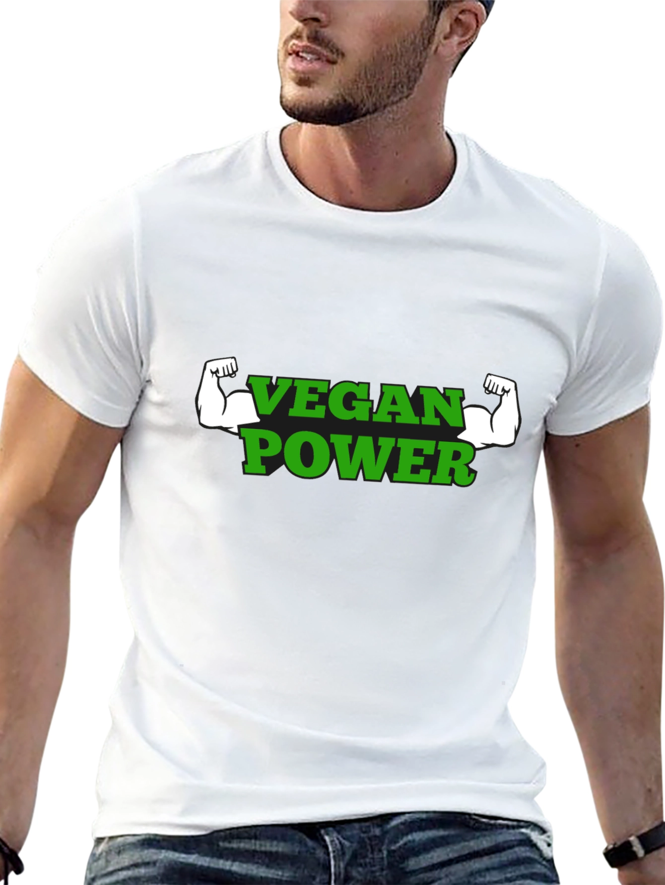 Vegan Power T-Shirt - Green Text Muscle Graphic