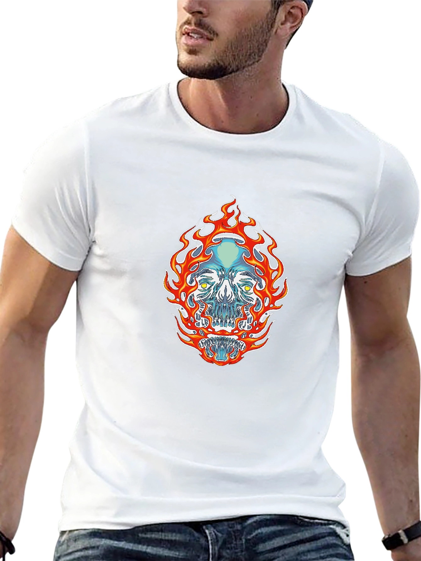 Flaming Skull Graphic Tee - Black Cotton