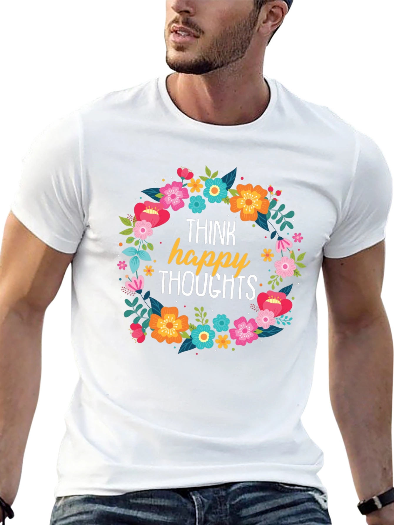 Think Happy Thoughts Floral Wreath Black T-Shirt