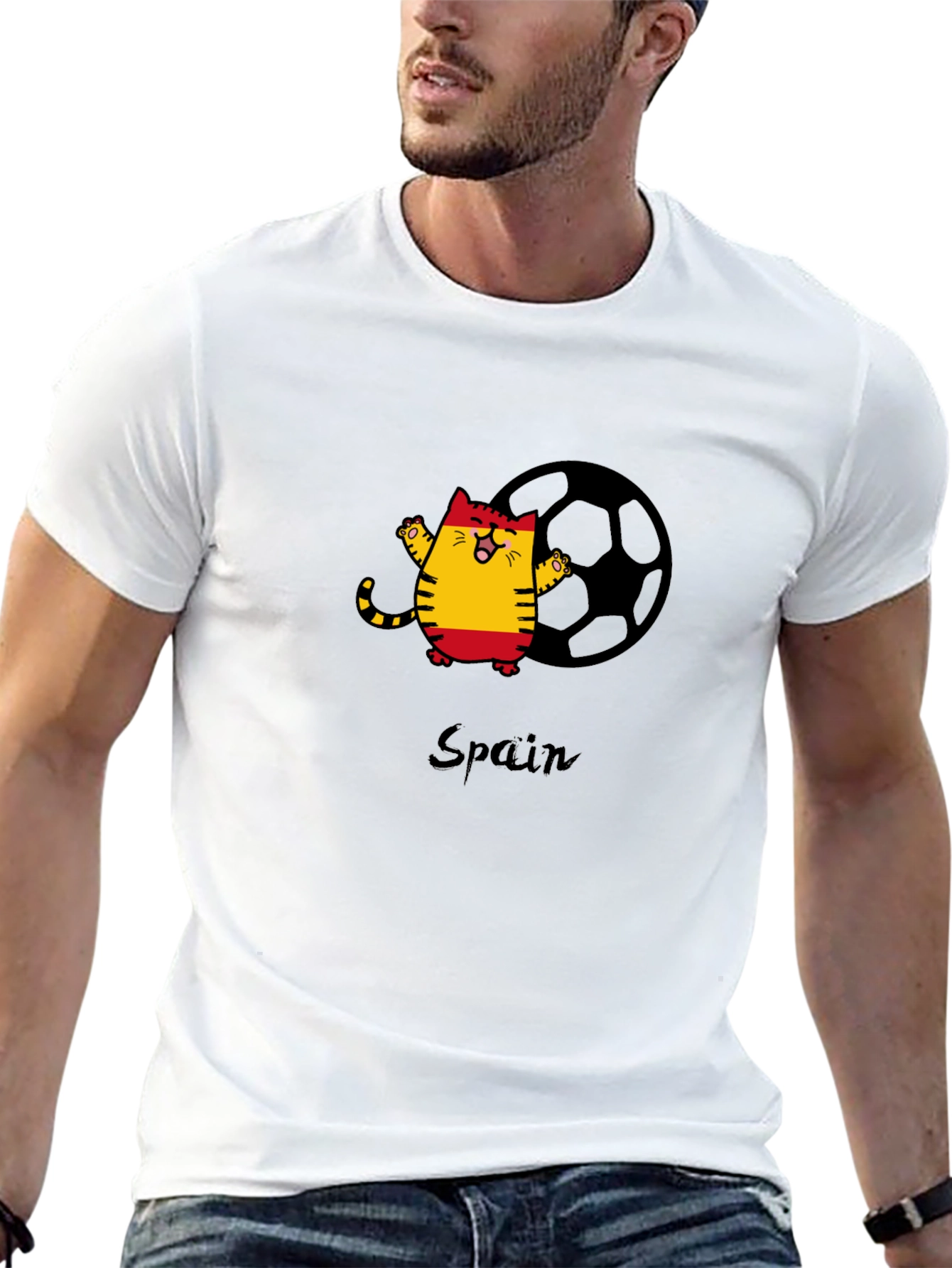 Spain Soccer Cat Black T-Shirt